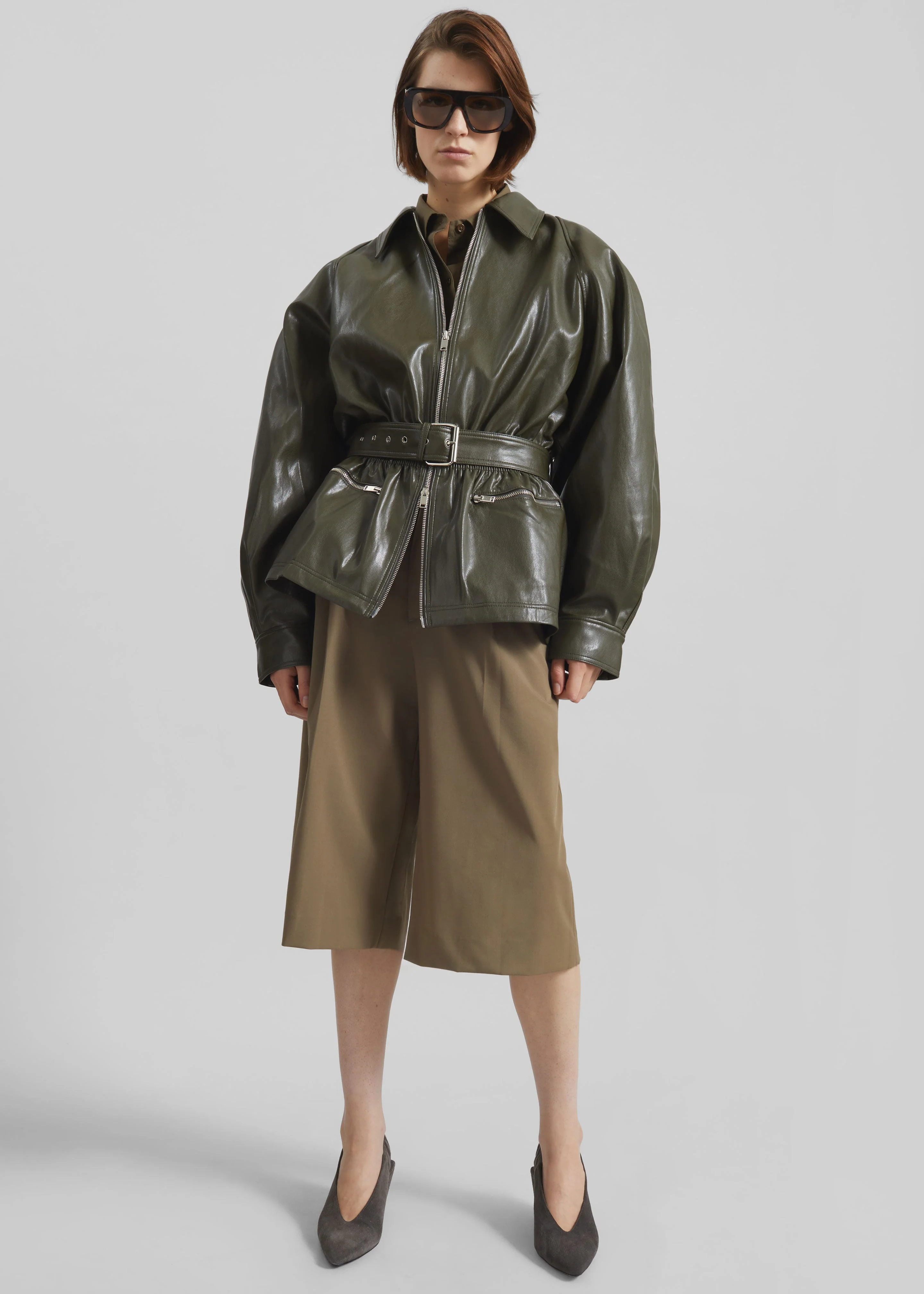 Annette Faux Leather Peplum Jacket - Olive