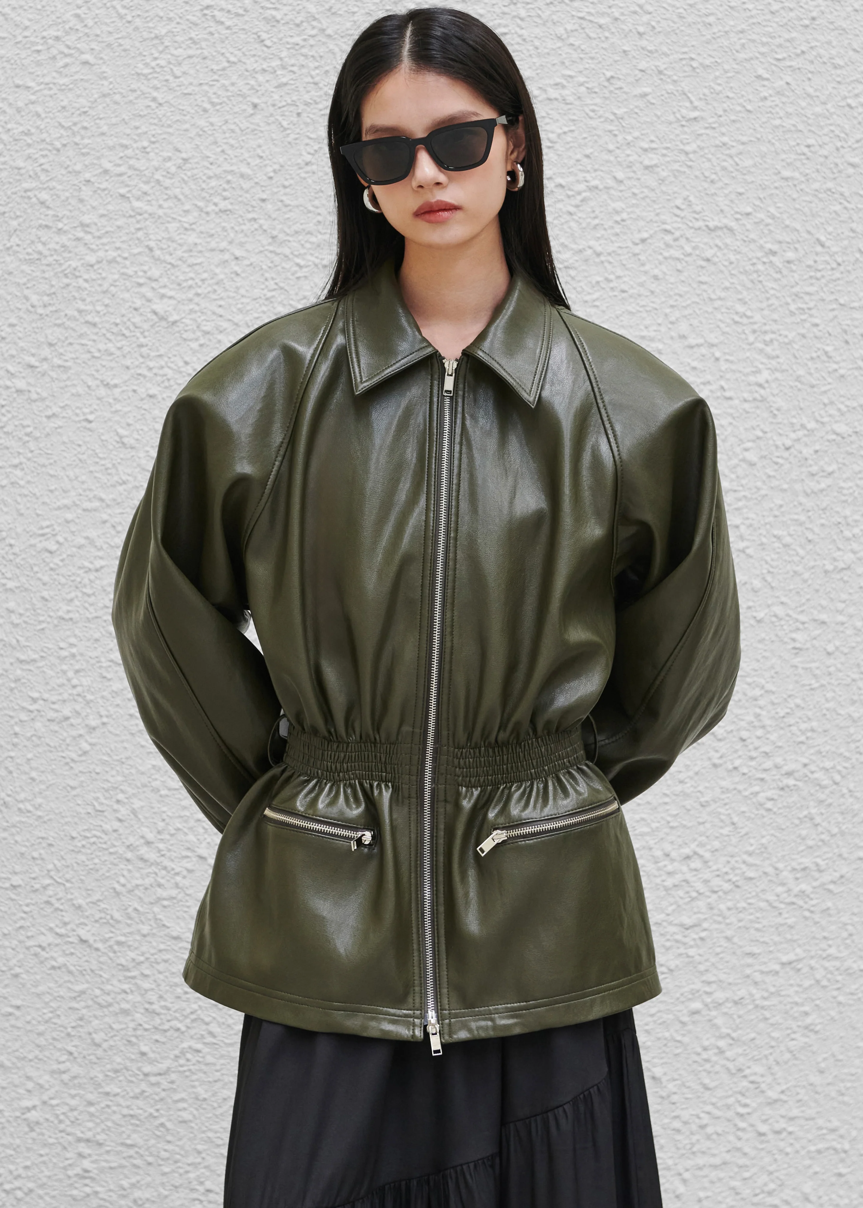 Annette Faux Leather Peplum Jacket - Olive - Image 3