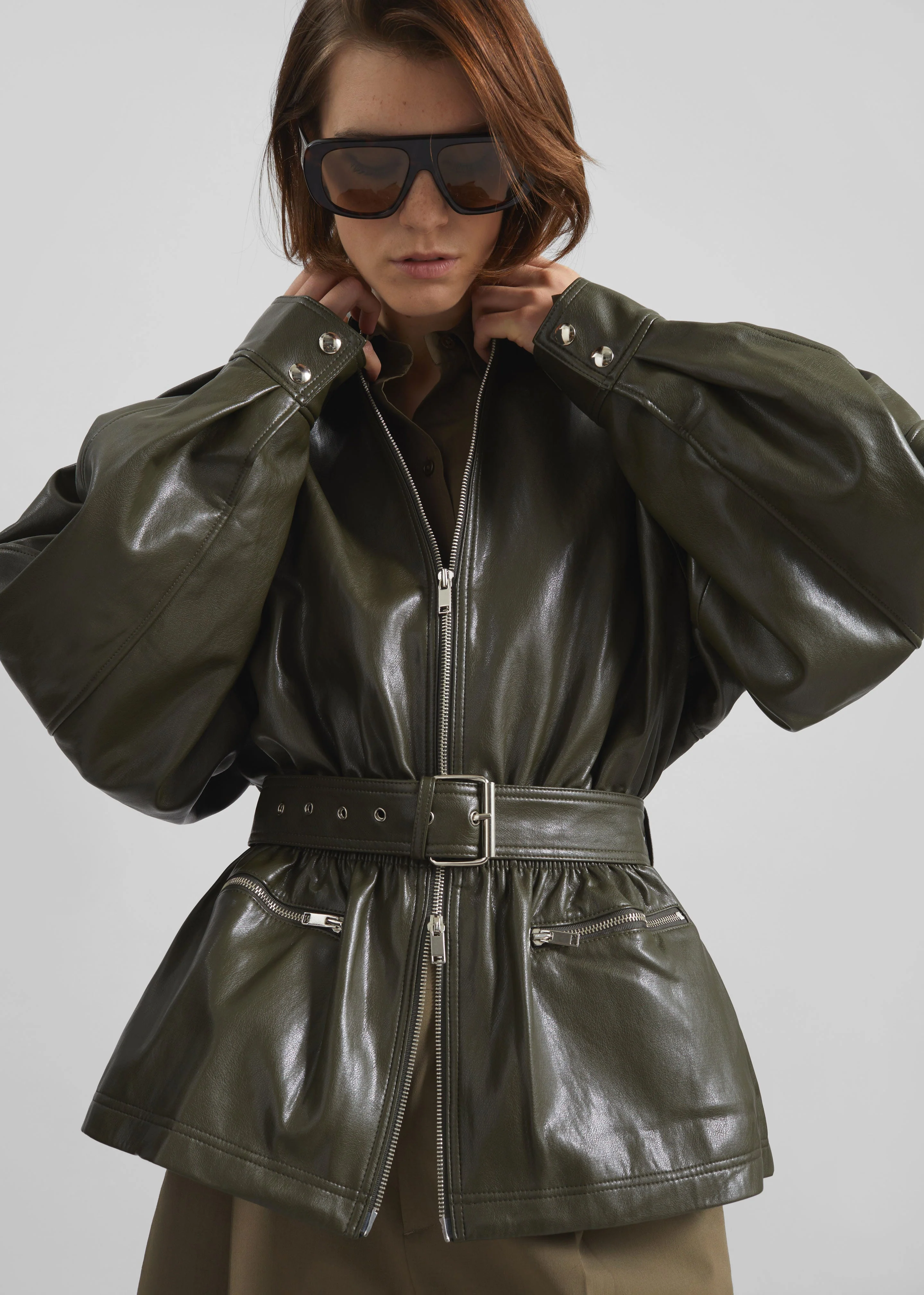 Annette Faux Leather Peplum Jacket - Olive - Image 5