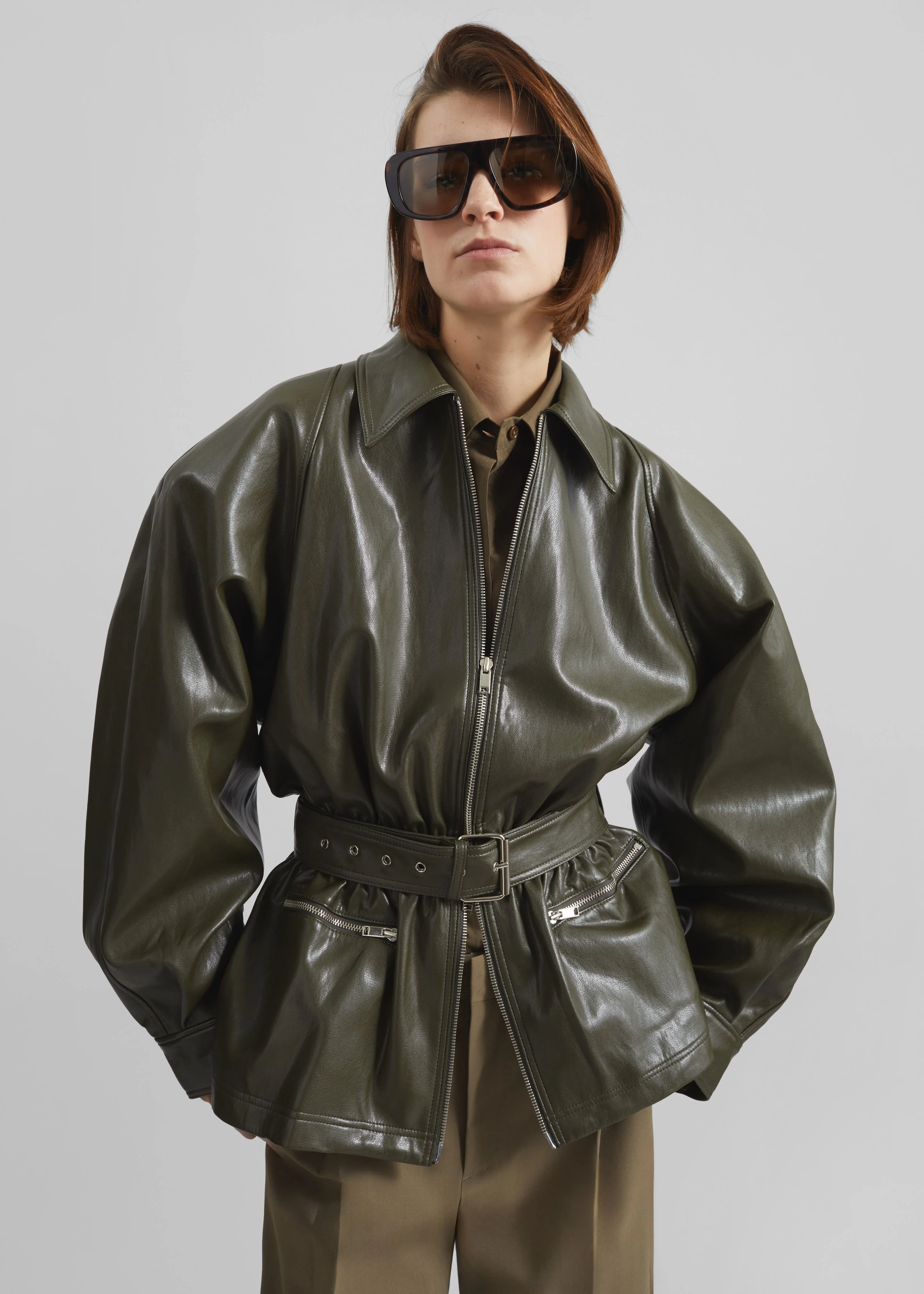 Annette Faux Leather Peplum Jacket - Olive - Image 6