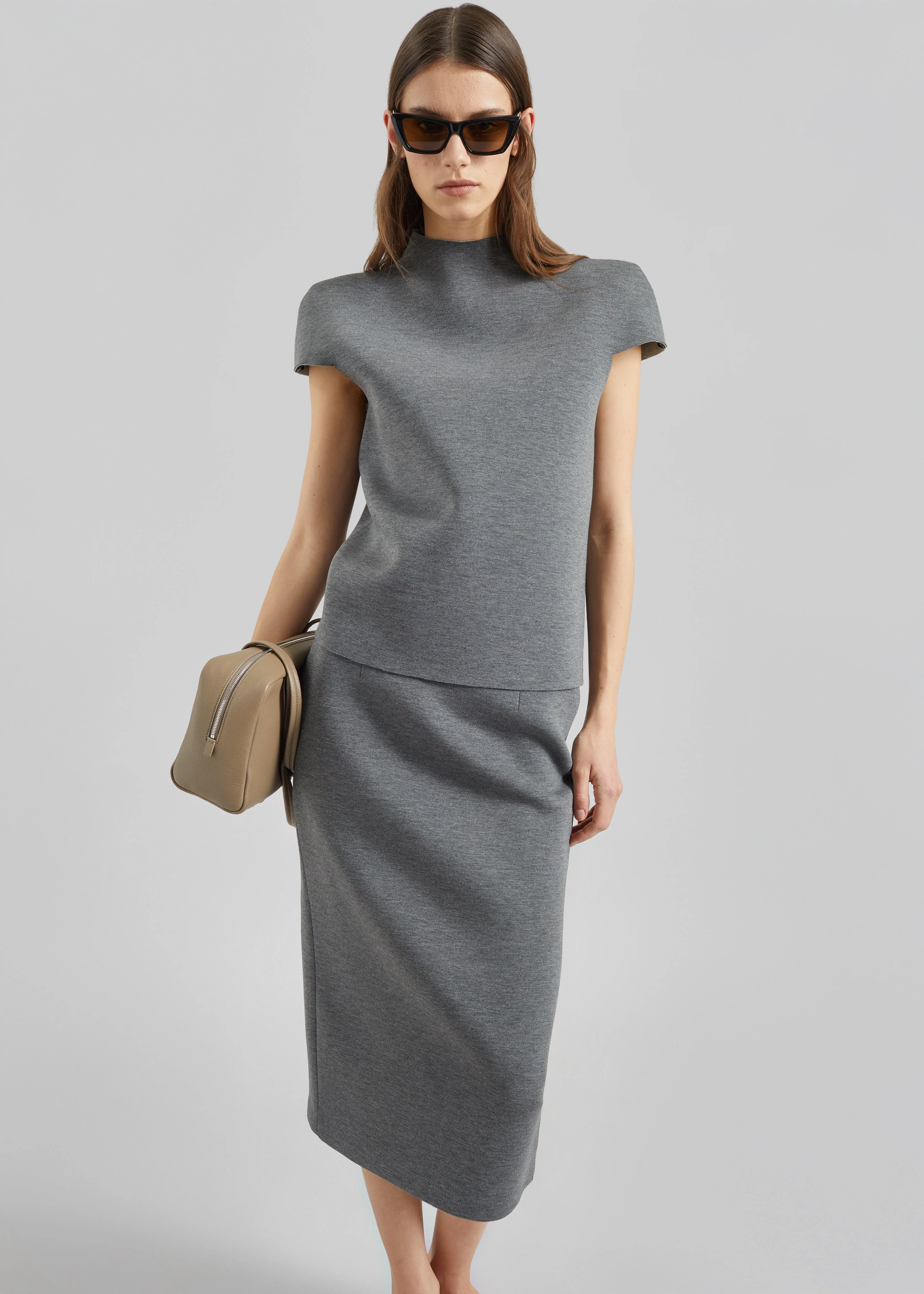 Anya Neoprene Sculpted Sleeve Top - Grey Melange - Image 2