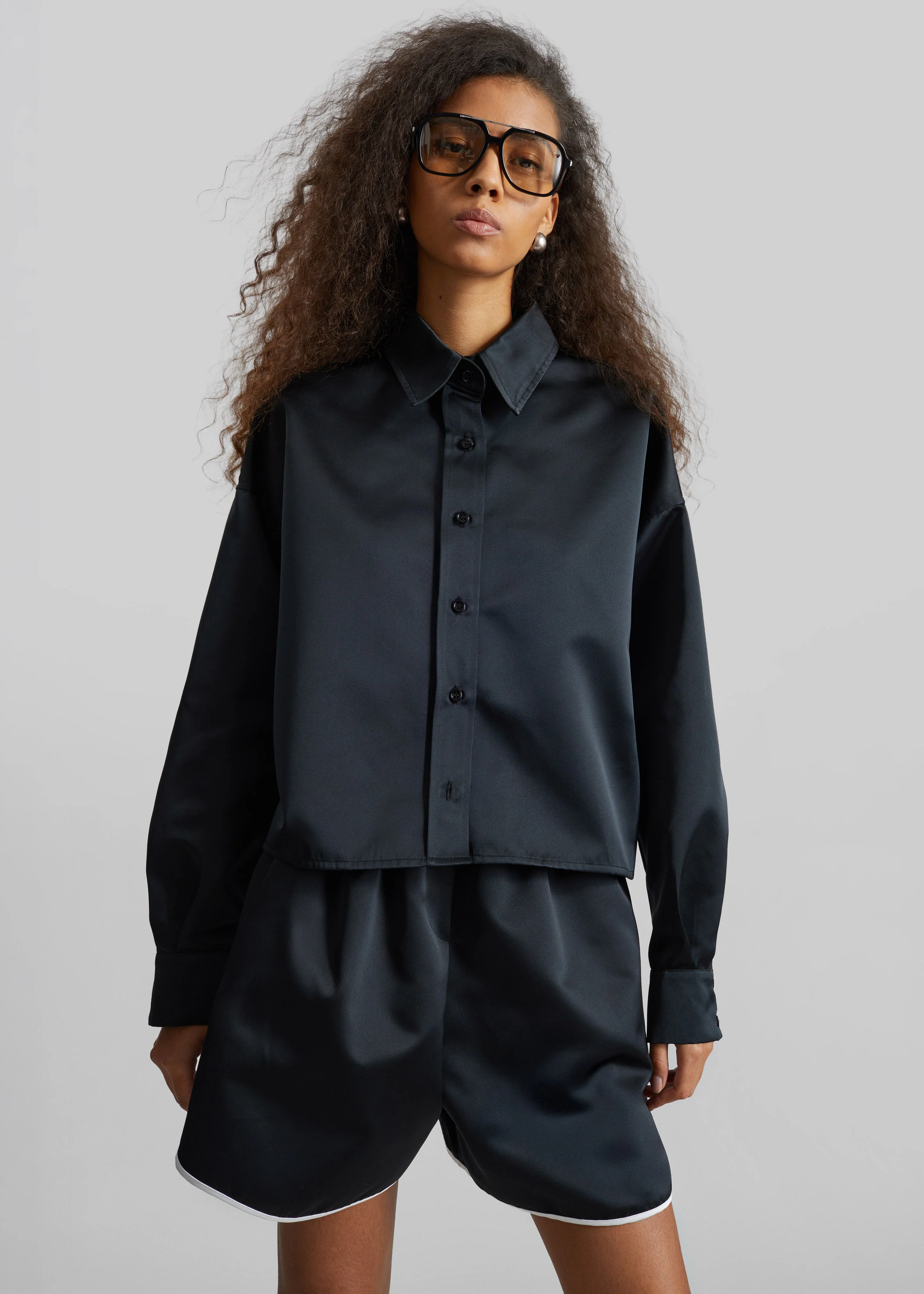 Arlen Satin Boxy Shirt - Black - Image 5