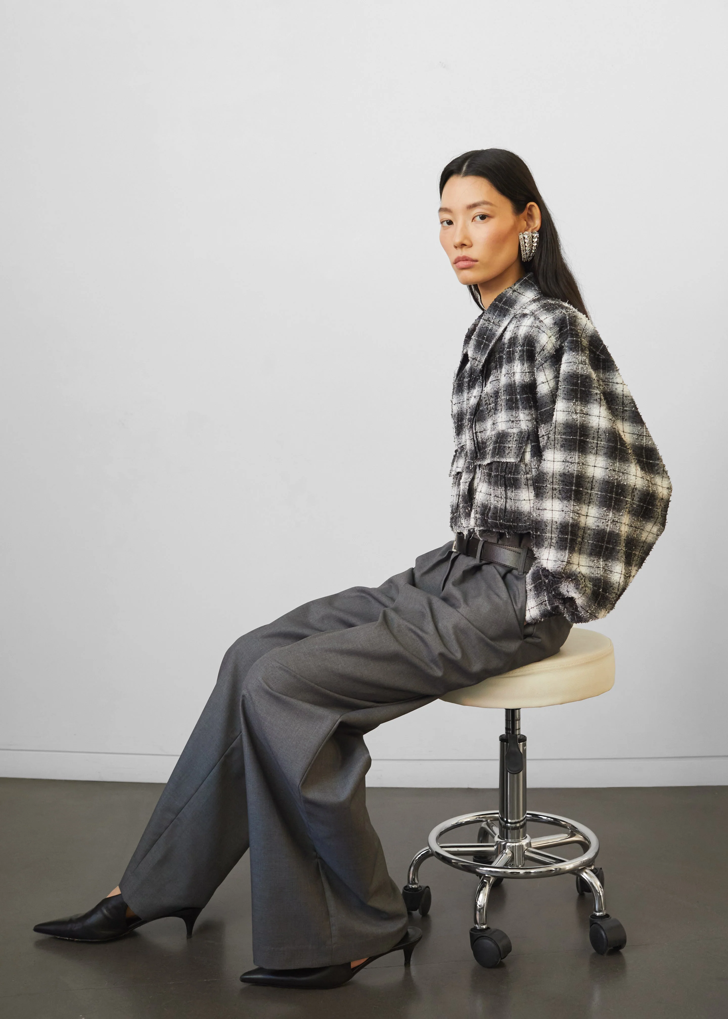 Biasca Distressed Cropped Shirt - Black Plaid - Image 7