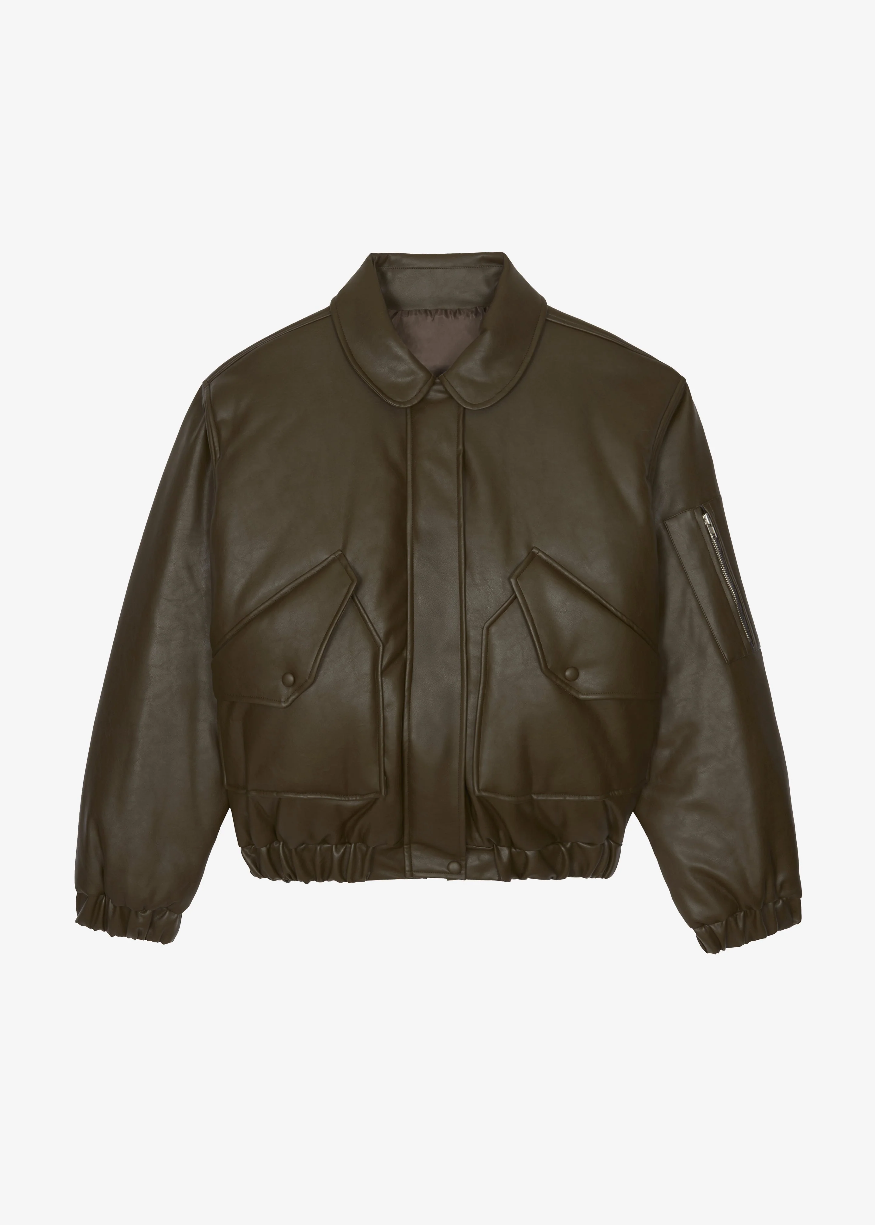 Blane Faux Leather Padded Bomber Jacket - Khaki Brown - Image 10
