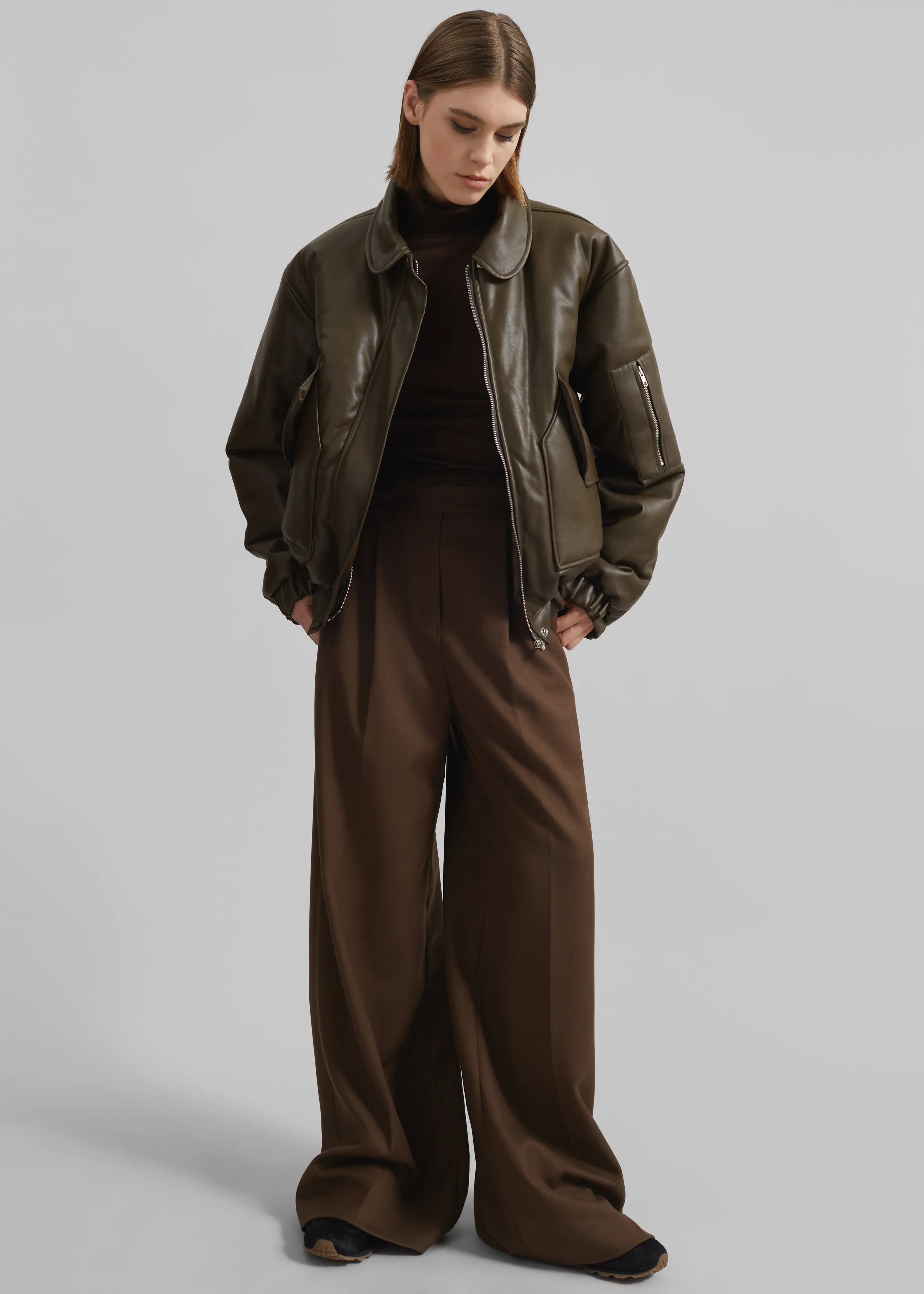 Blane Faux Leather Padded Bomber Jacket - Khaki Brown - Image 3
