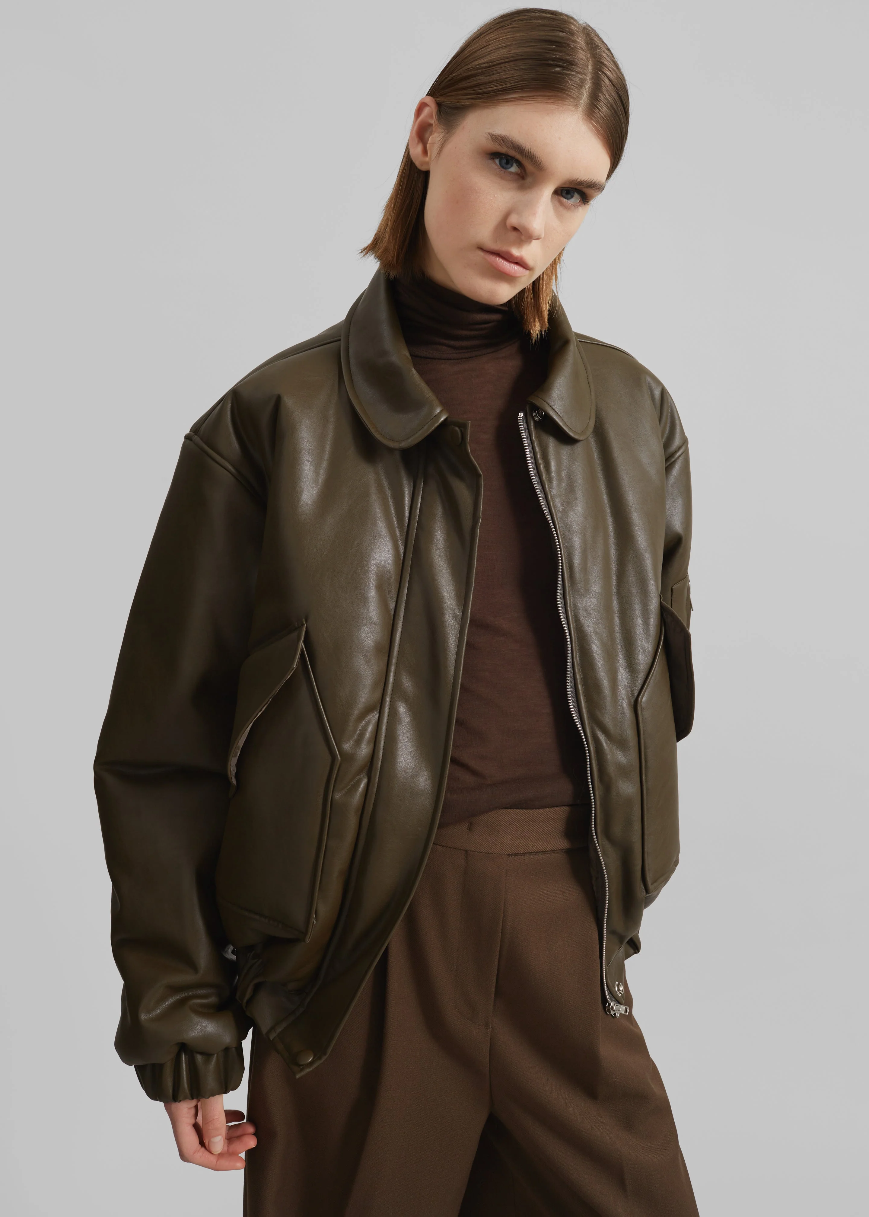 Blane Faux Leather Padded Bomber Jacket - Khaki Brown - Image 4