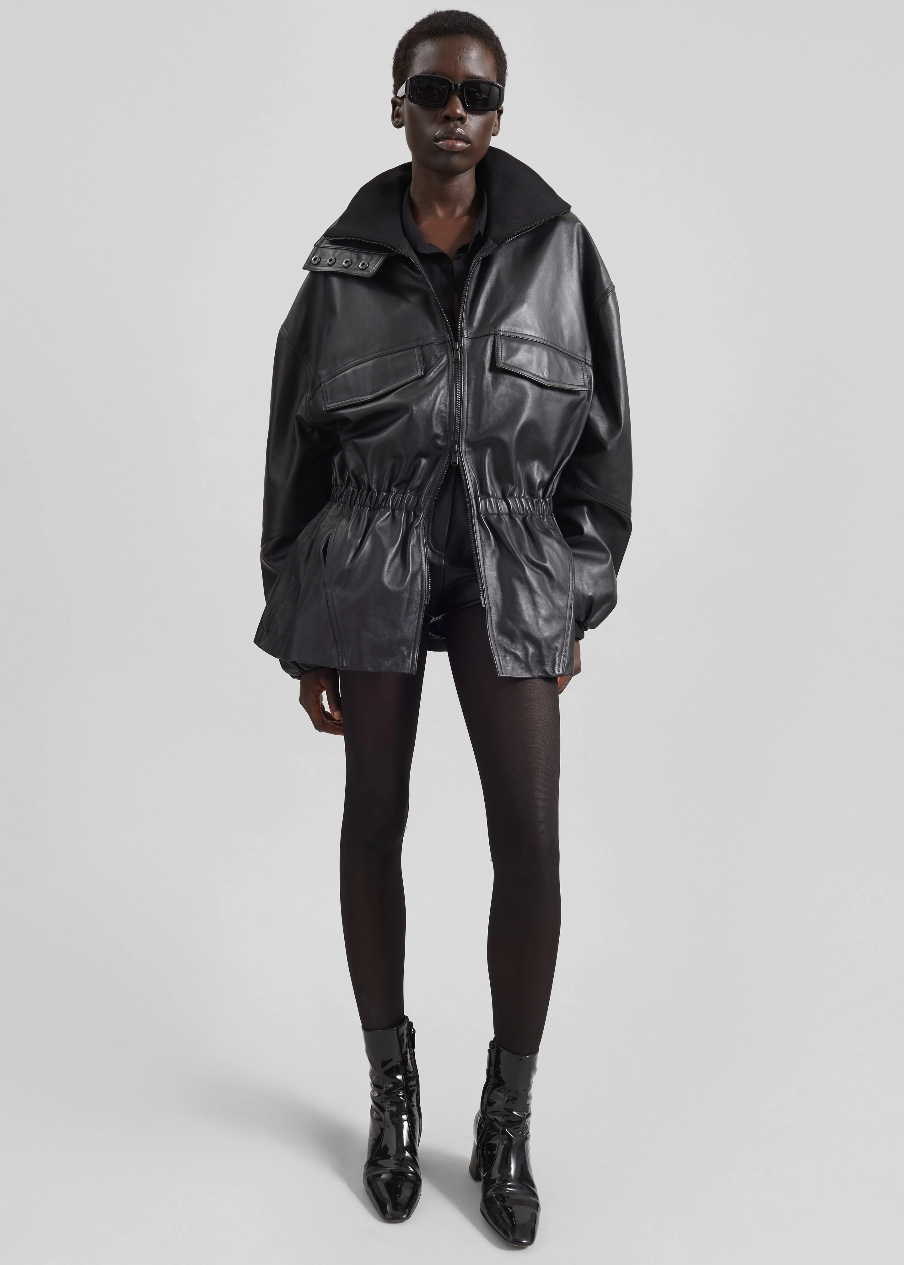 Carnaby Funnel Neck Leather Jacket - Black