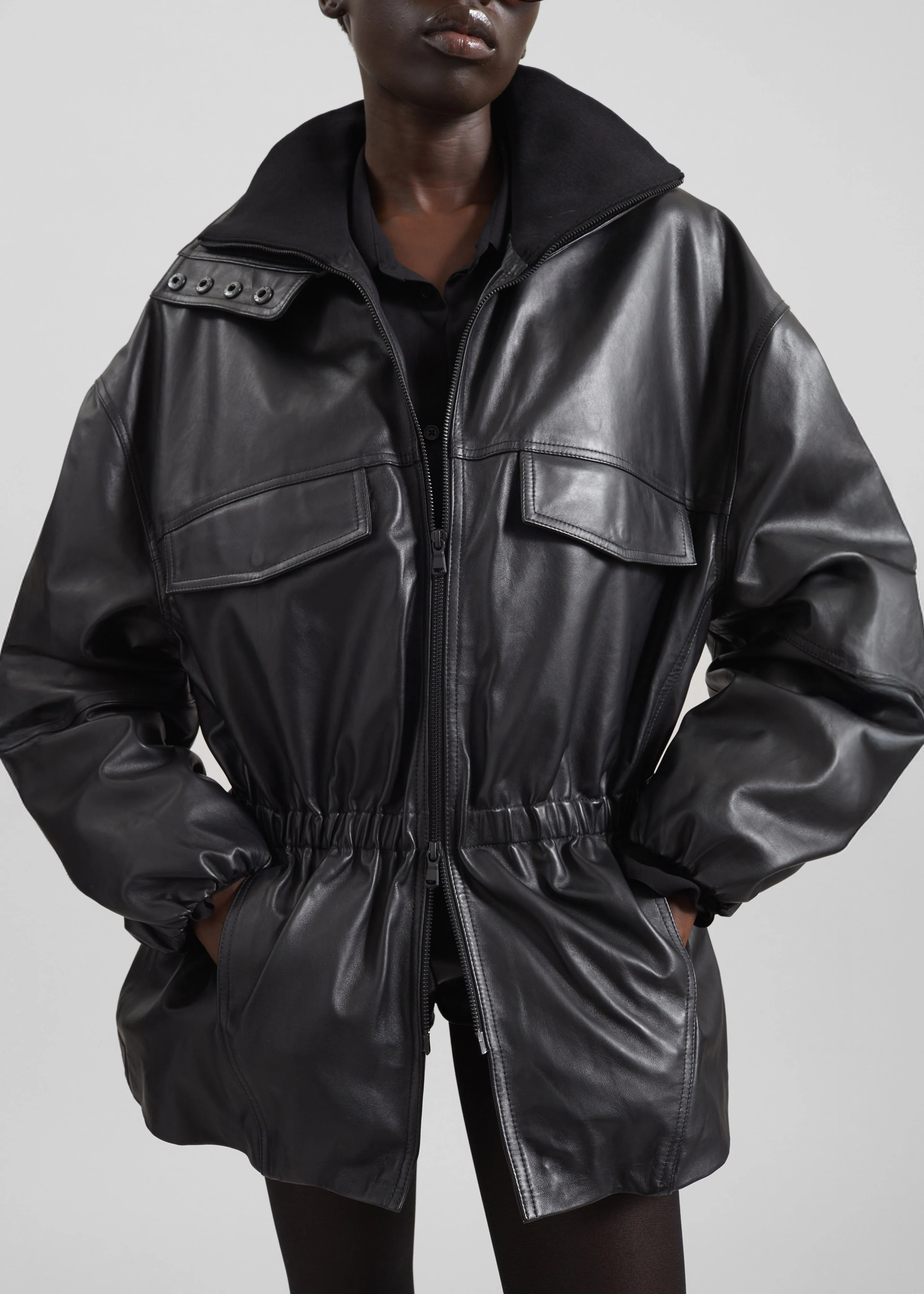 Carnaby Funnel Neck Leather Jacket - Black - Image 2