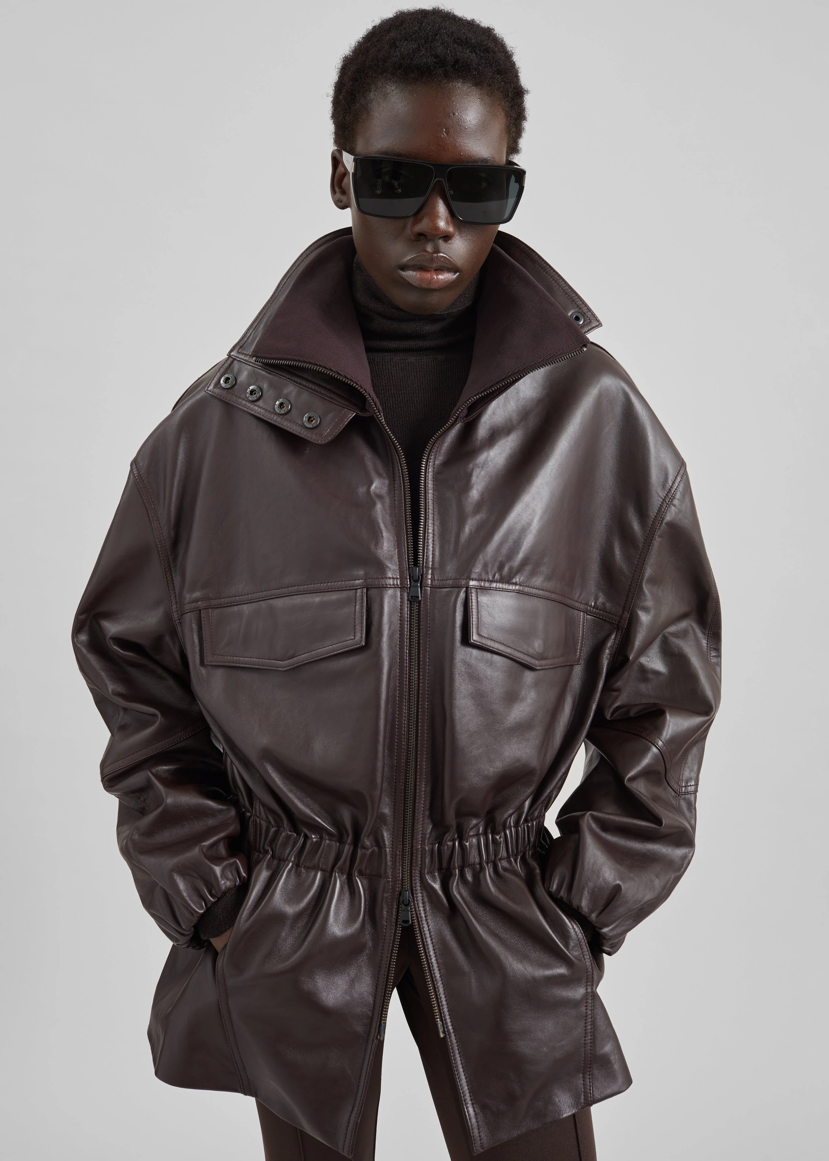 Carnaby Funnel Neck Leather Jacket - Dark Plum