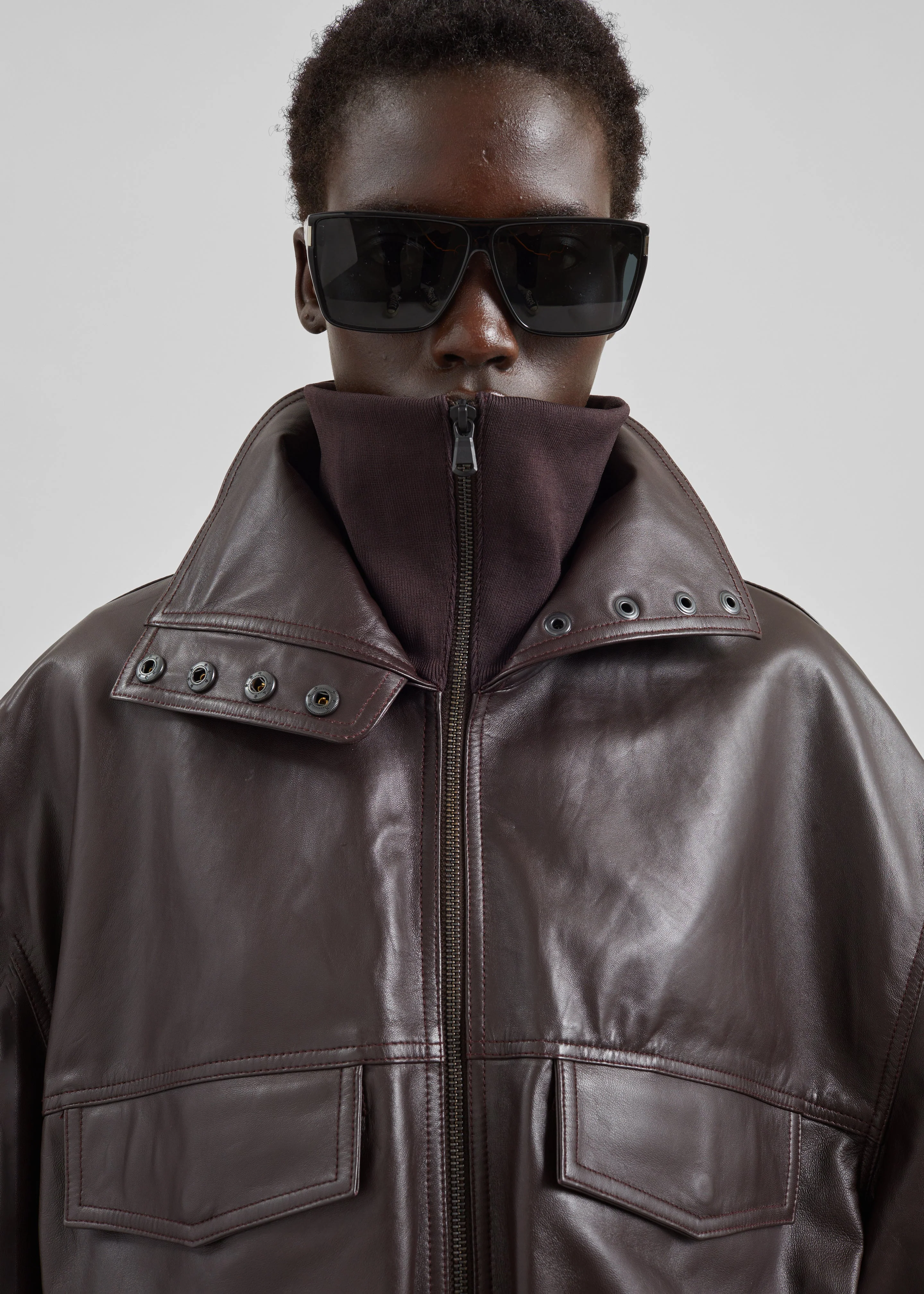 Carnaby Funnel Neck Leather Jacket - Dark Plum - Image 2