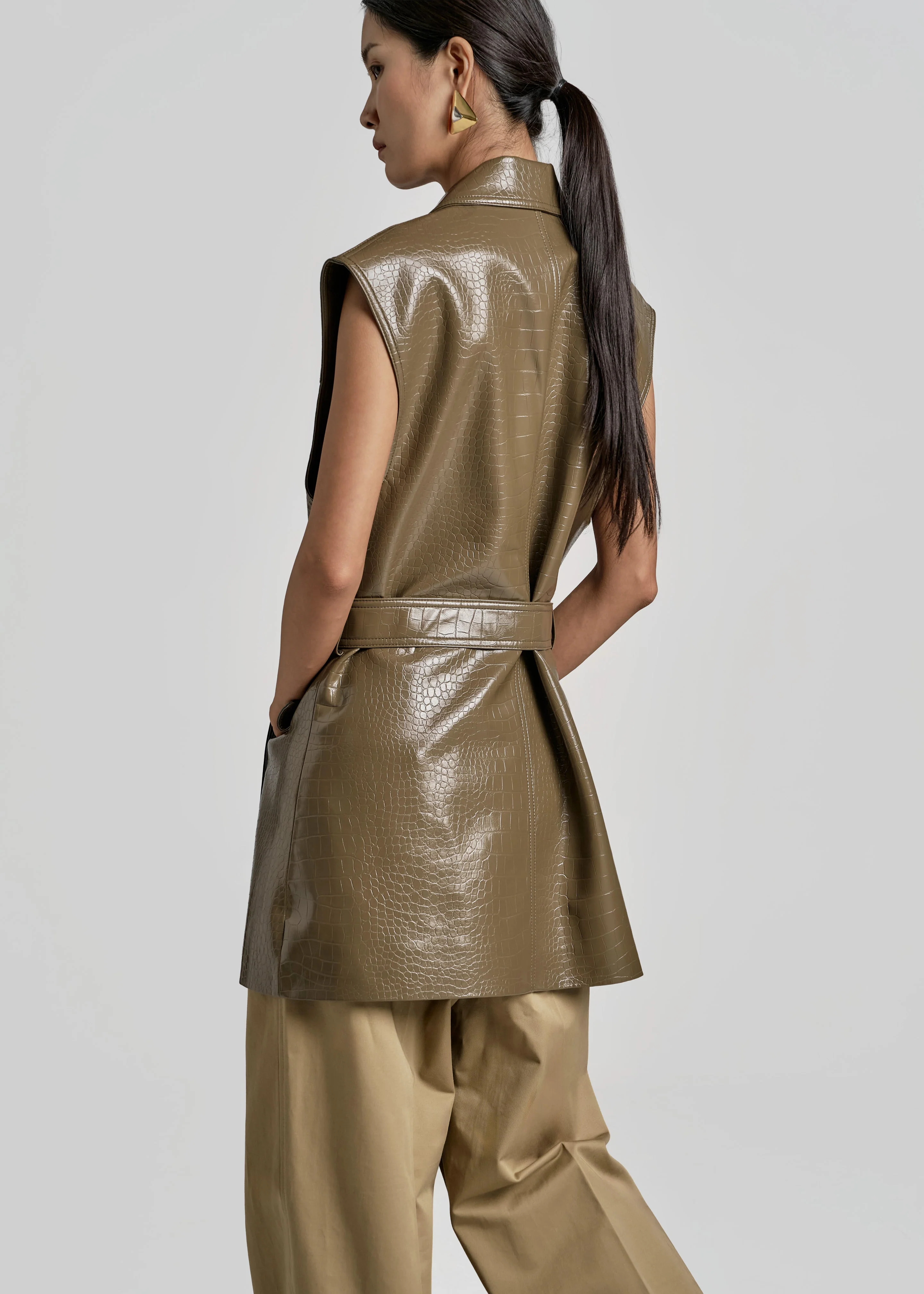 Cerys Faux Leather Croc Vest - Olive Brown - Image 8