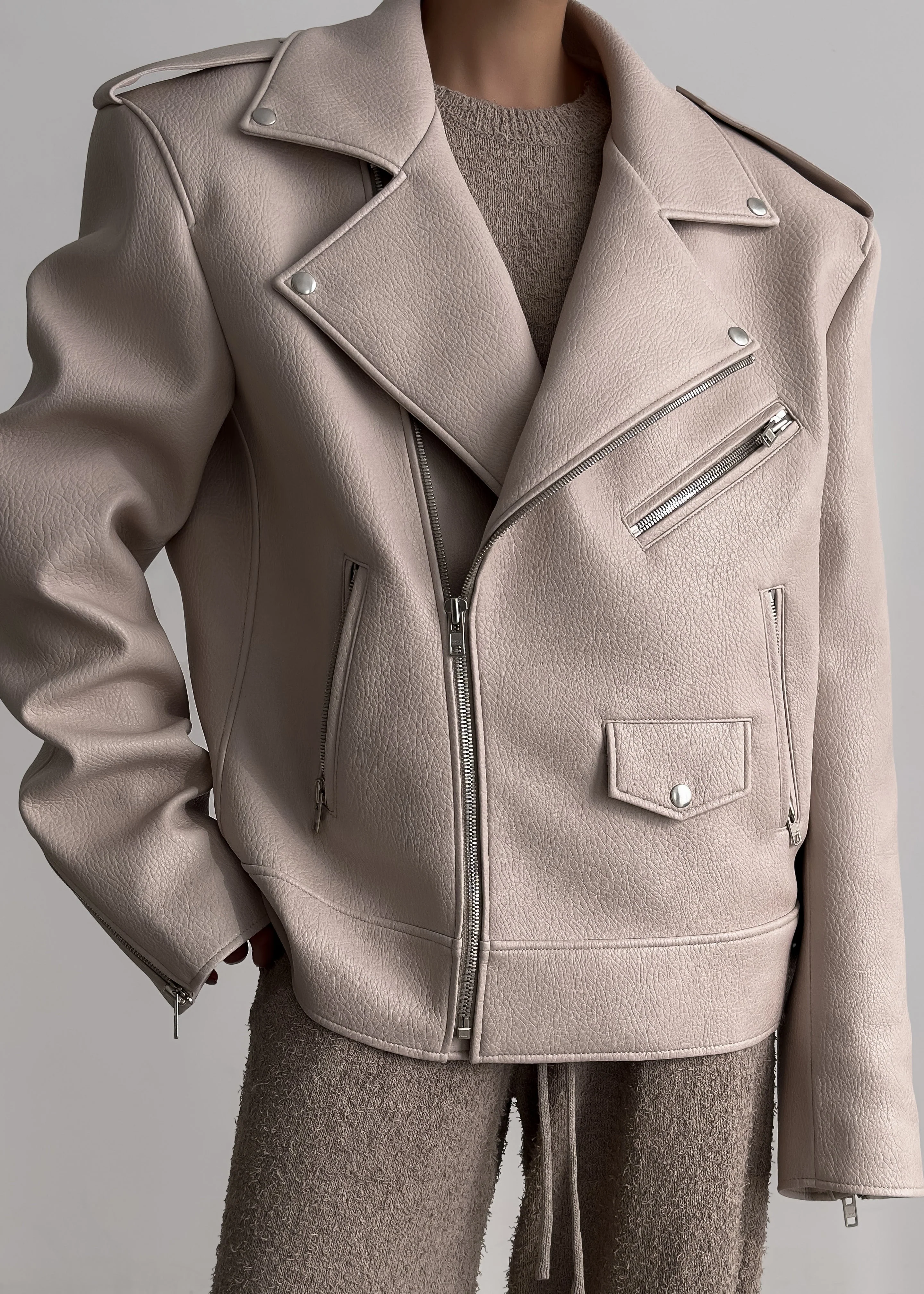 Chicago Oversized Biker Jacket - Cream - Image 13