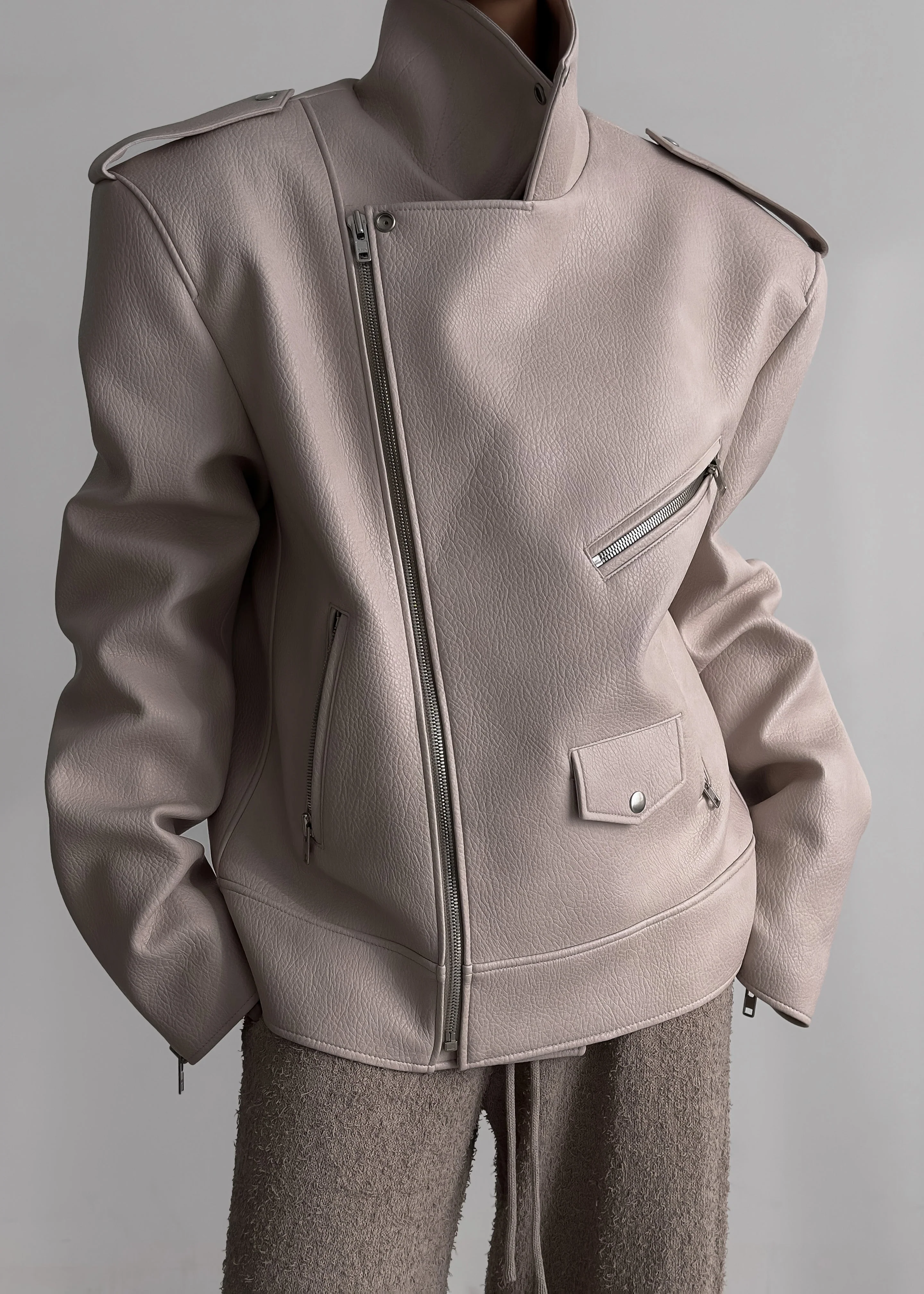 Chicago Oversized Biker Jacket - Cream - Image 14