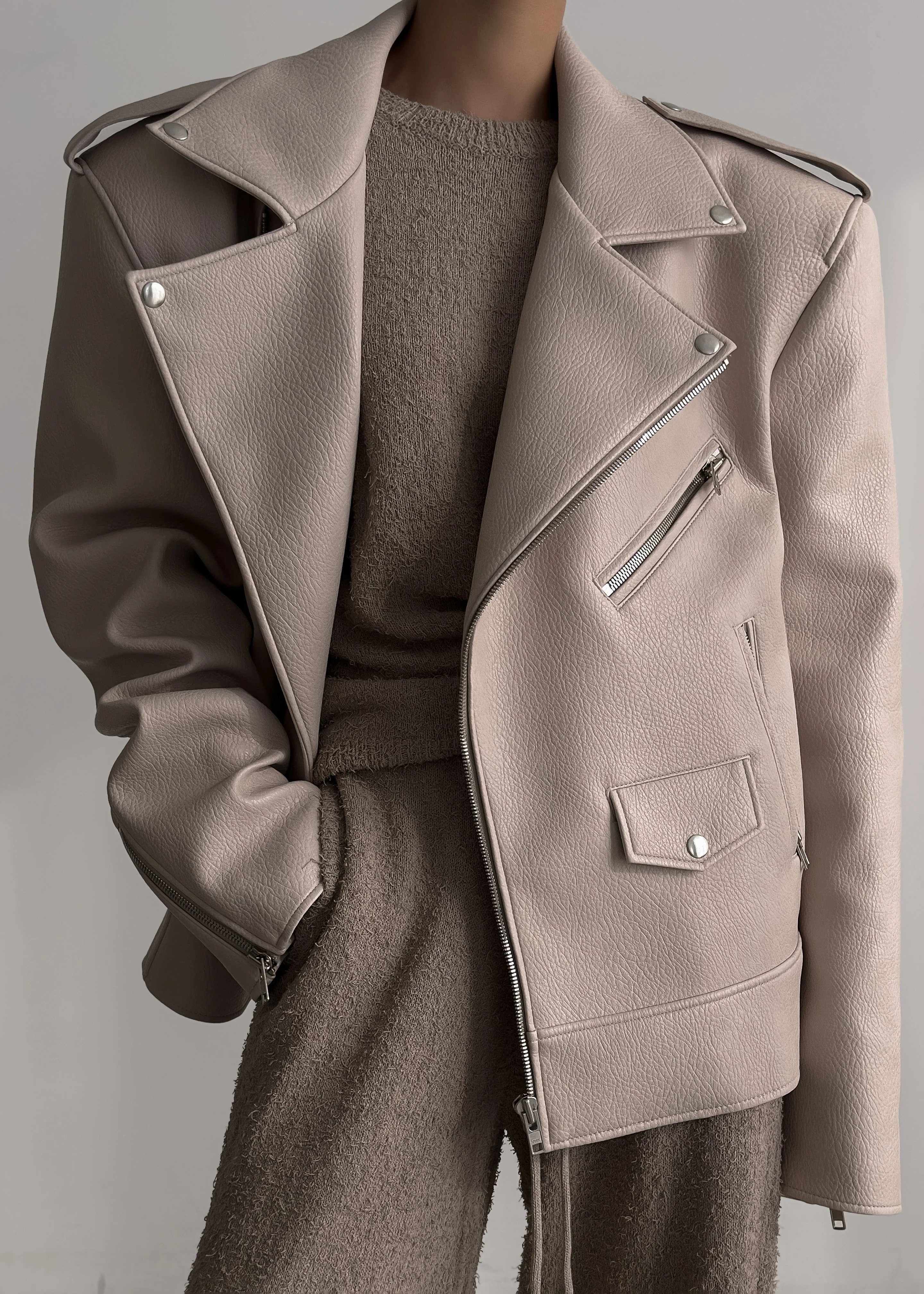 Chicago Oversized Biker Jacket - Cream - Image 4