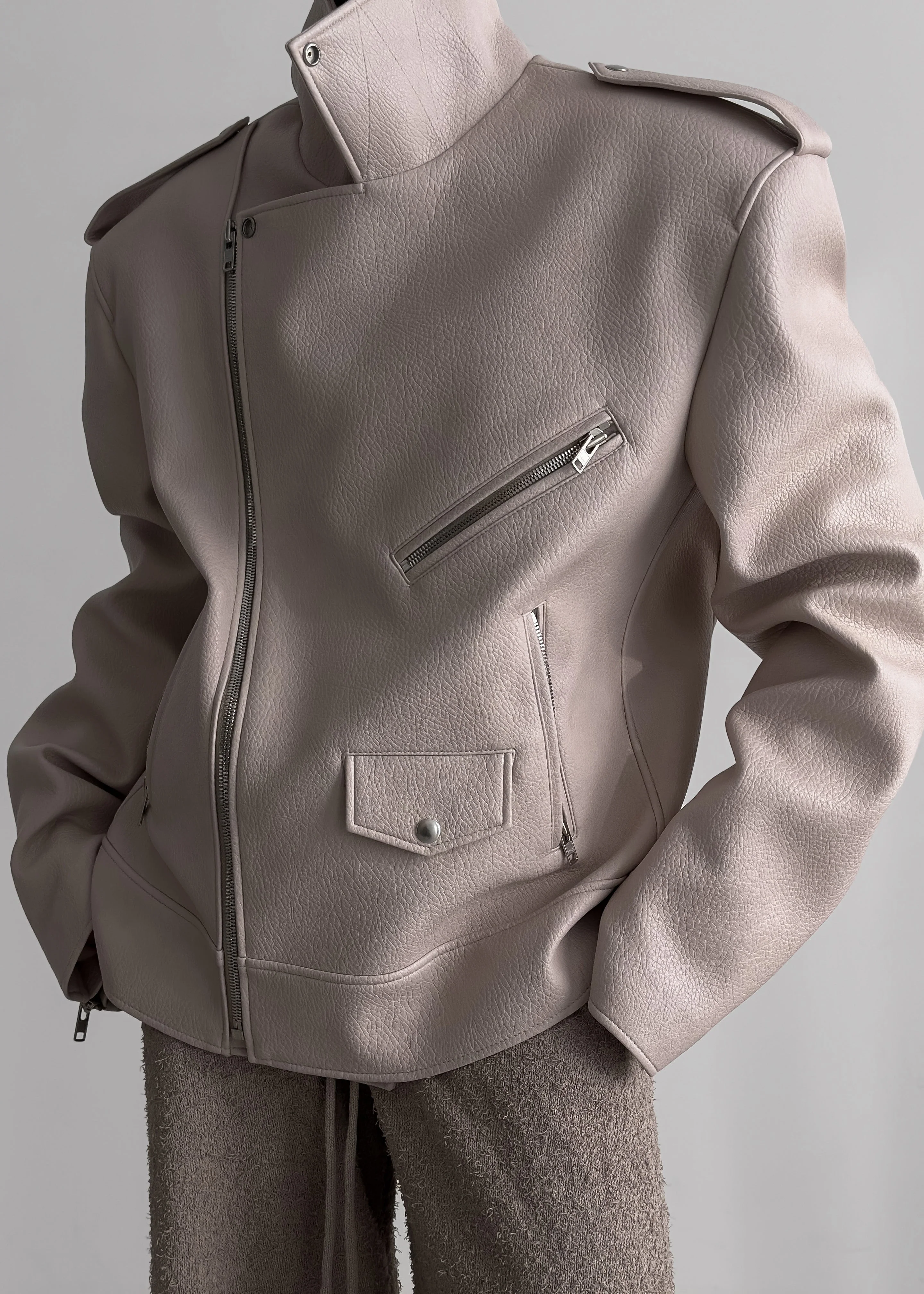 Chicago Oversized Biker Jacket - Cream - Image 7