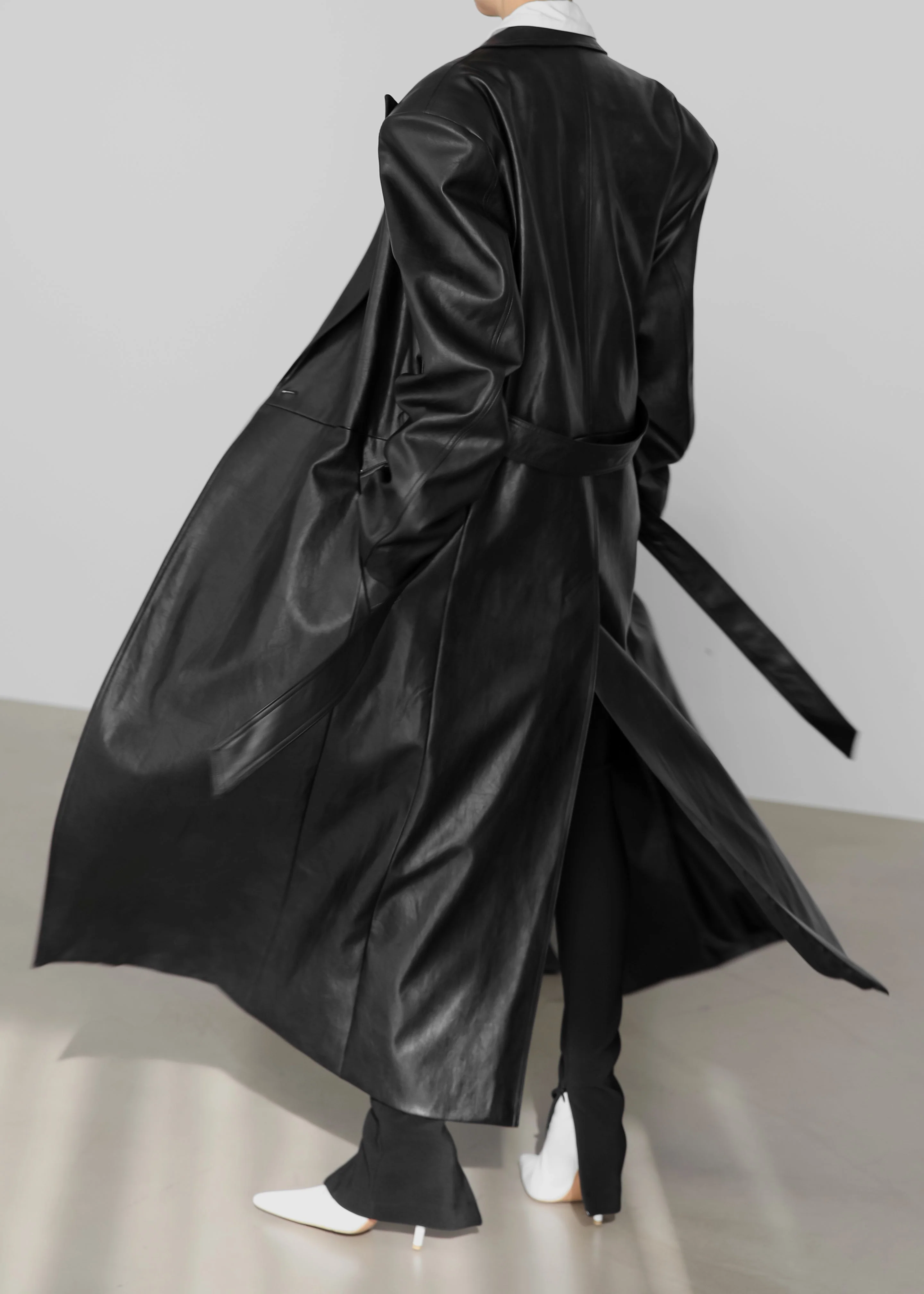 Connie Faux Leather Belted Trench Coat - Black - Image 11
