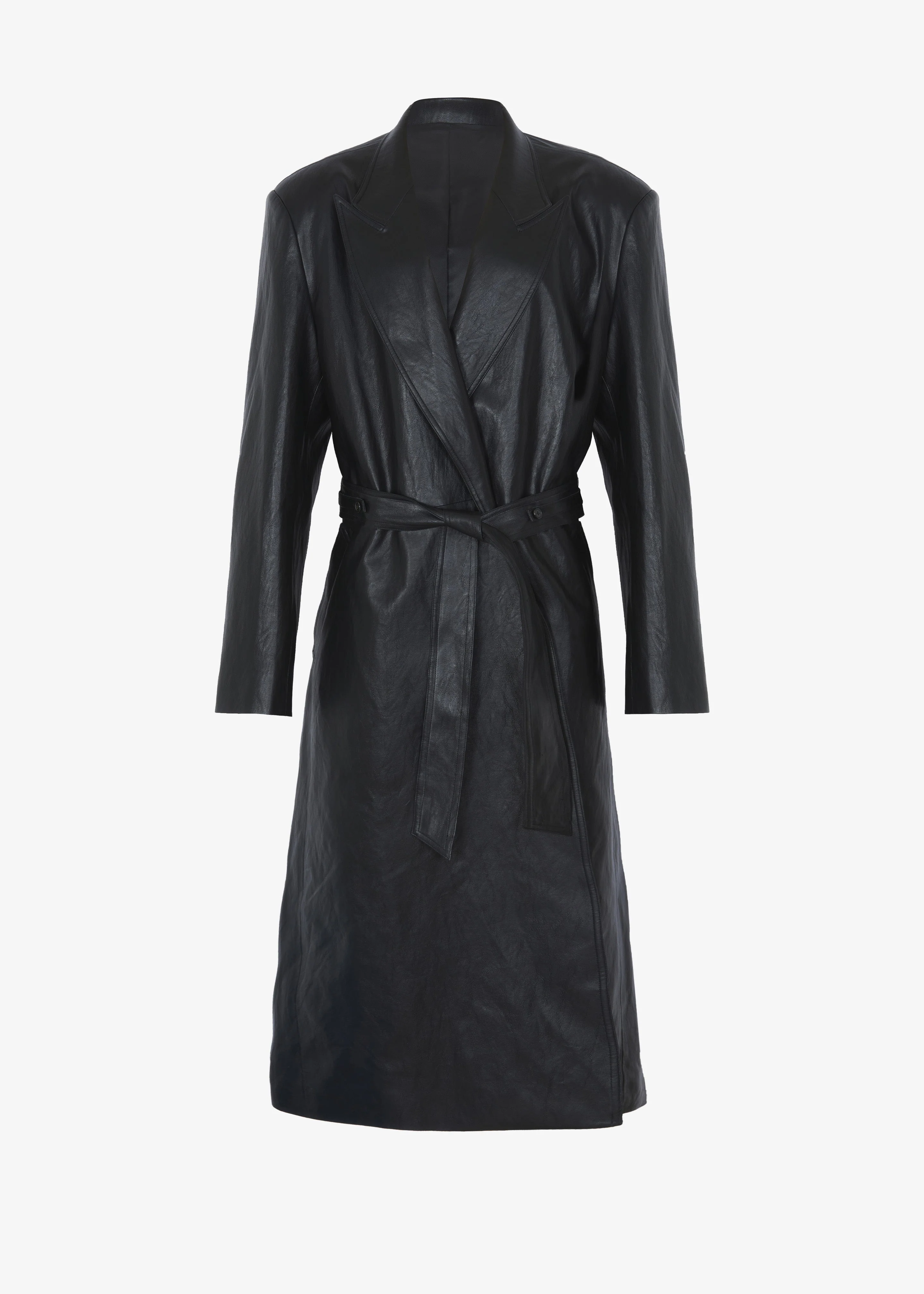 Connie Faux Leather Belted Trench Coat - Black - Image 12