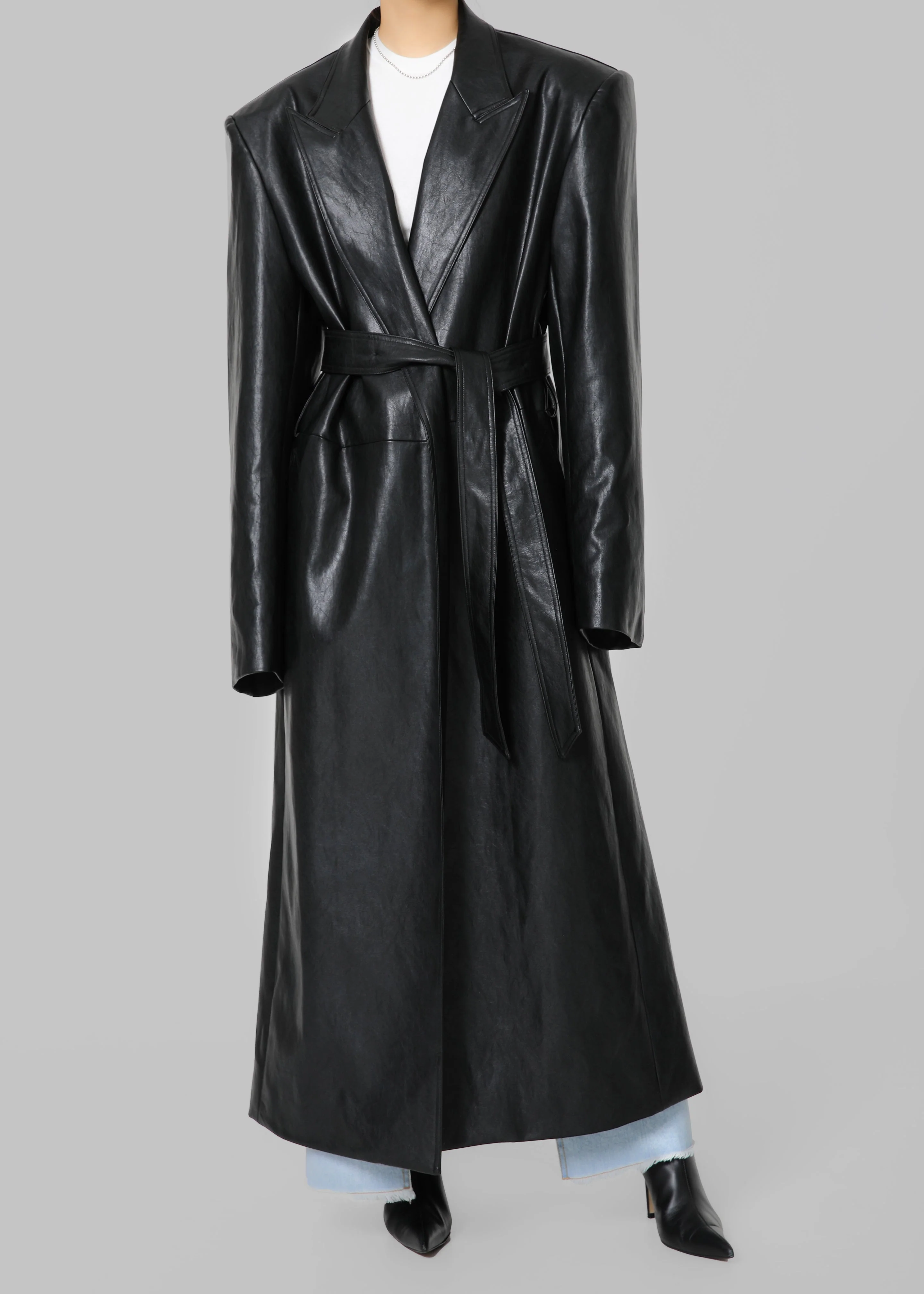 Connie Faux Leather Belted Trench Coat - Black - Image 3