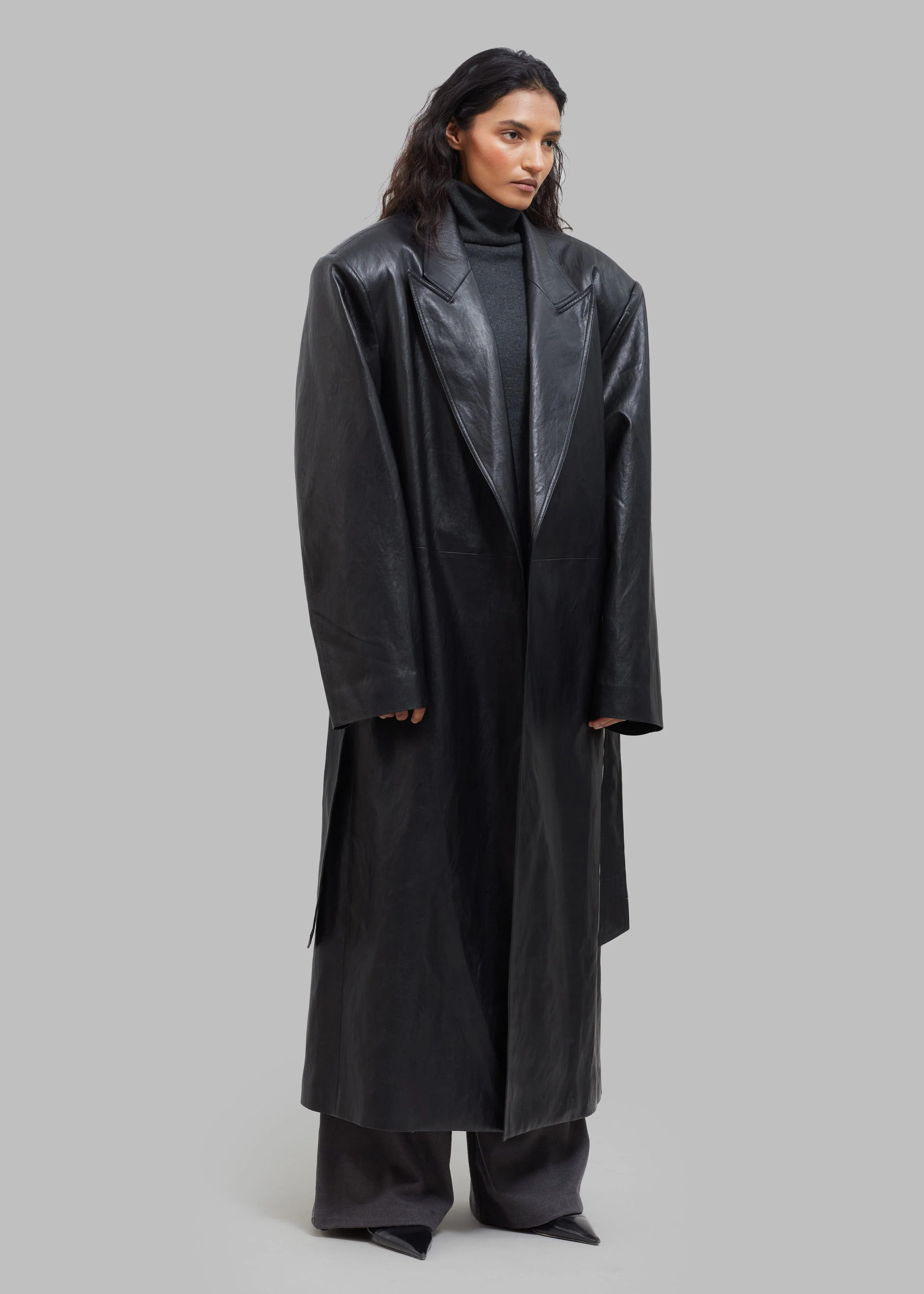 Connie Faux Leather Belted Trench Coat - Black - Image 8