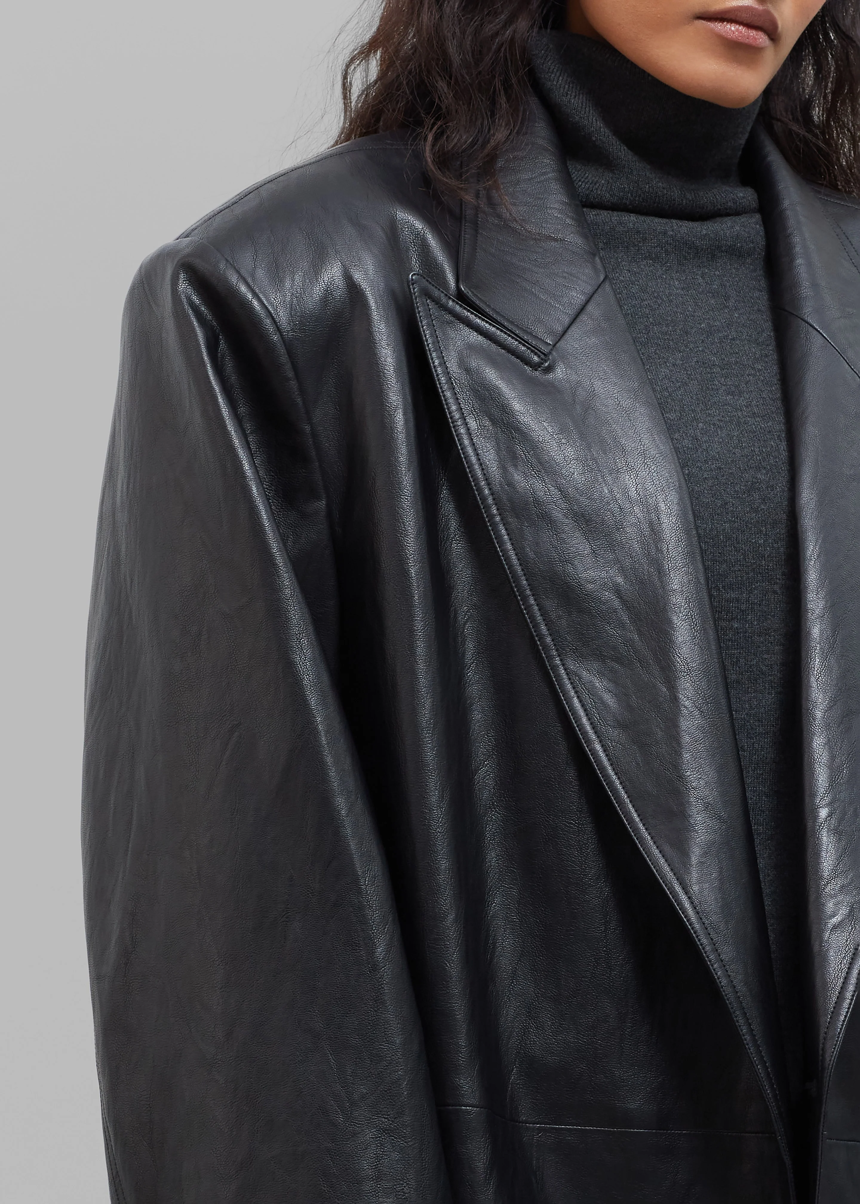 Connie Faux Leather Belted Trench Coat - Black - Image 9