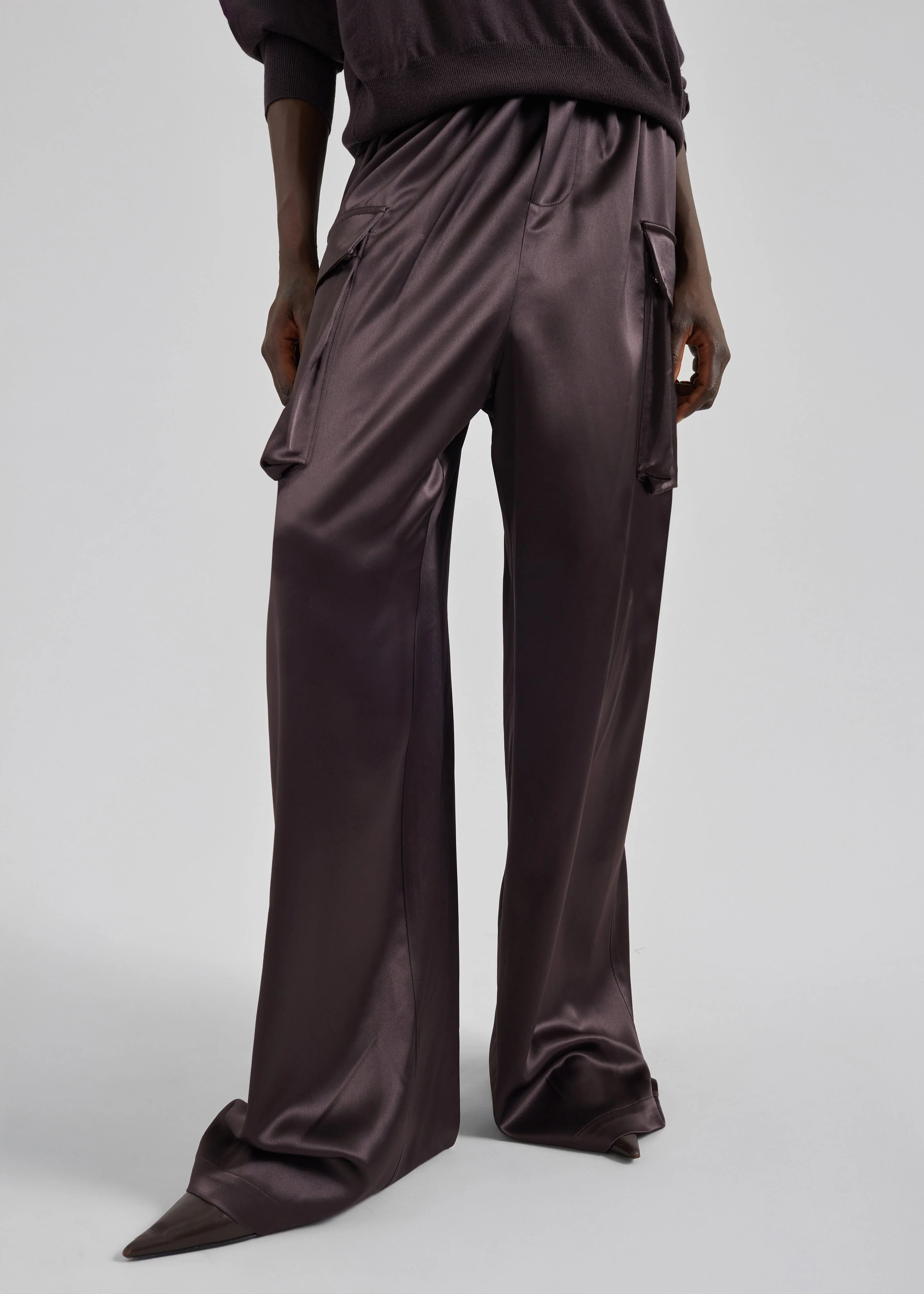 Delny Satin Cargo Pants - Dark Brown - Image 2