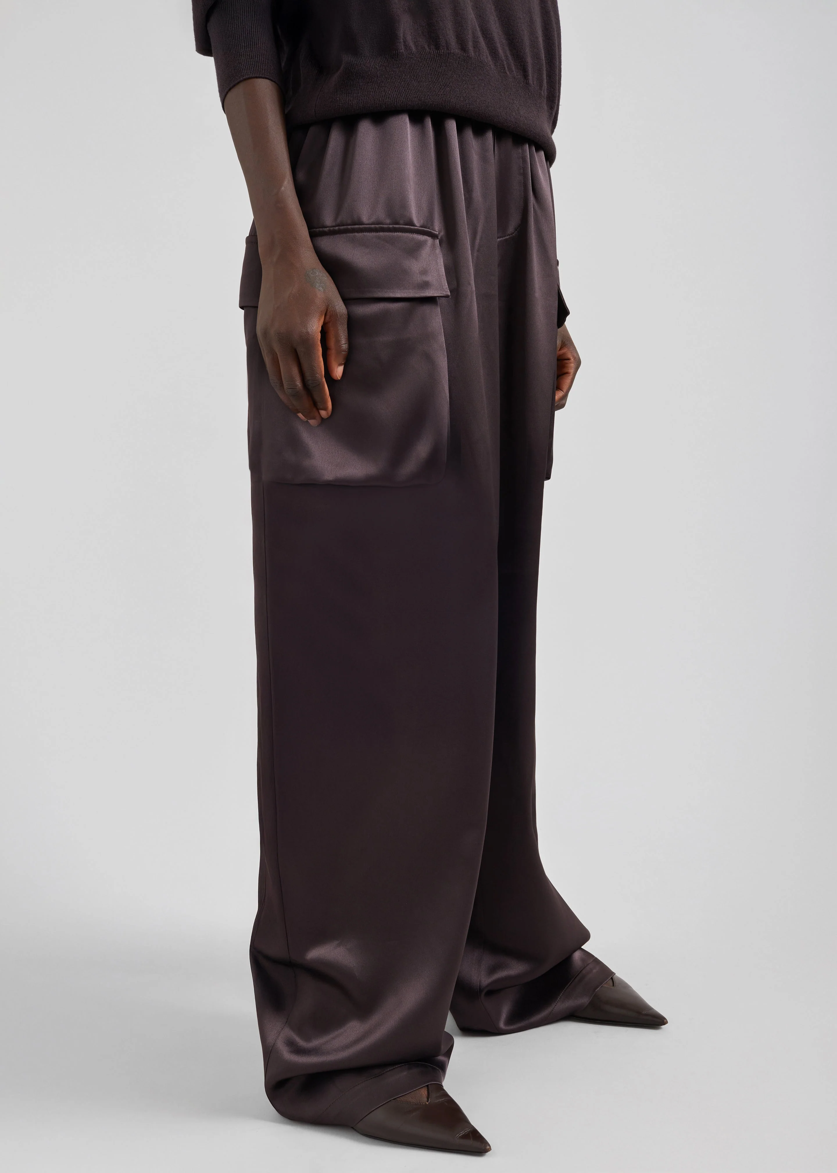 Delny Satin Cargo Pants - Dark Brown - Image 3