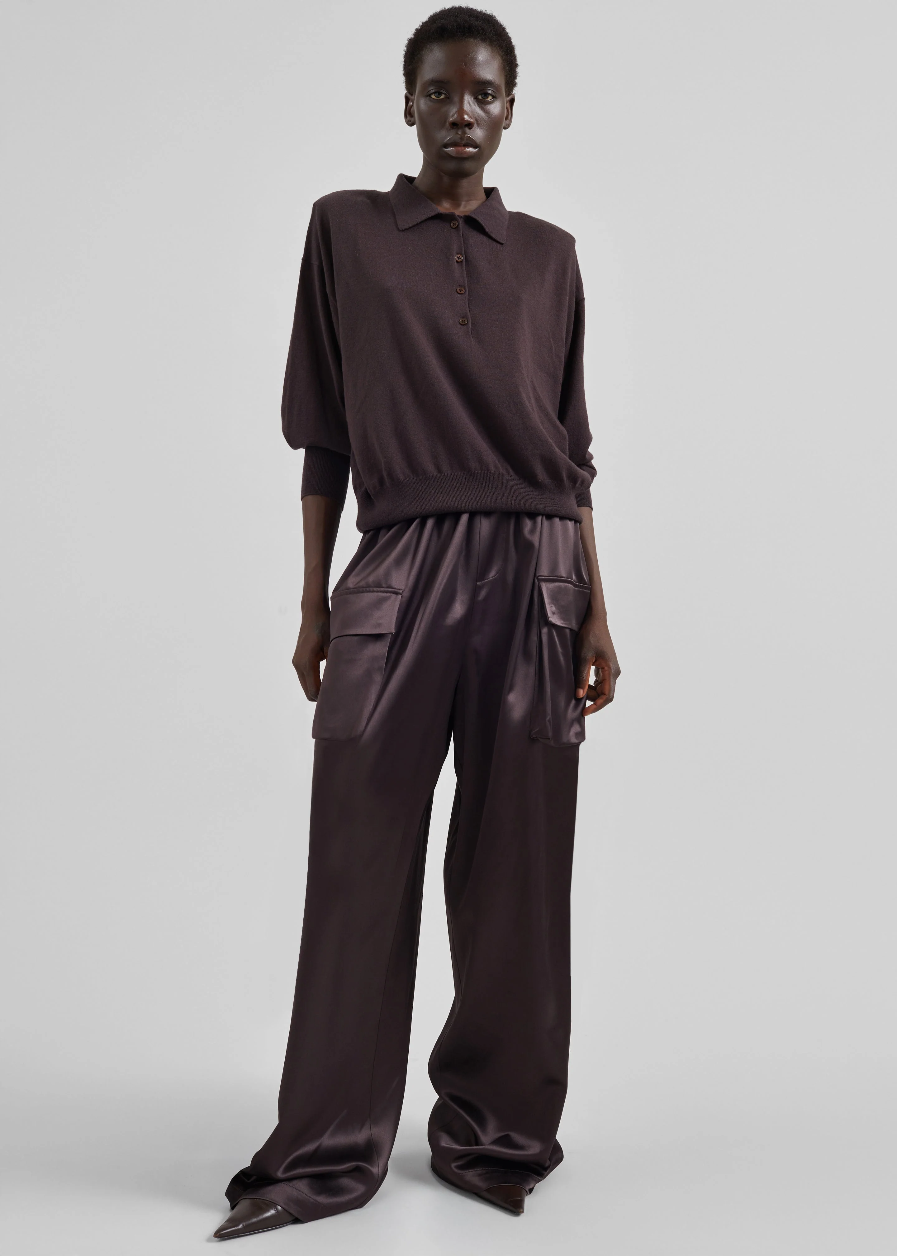Delny Satin Cargo Pants - Dark Brown - Image 4