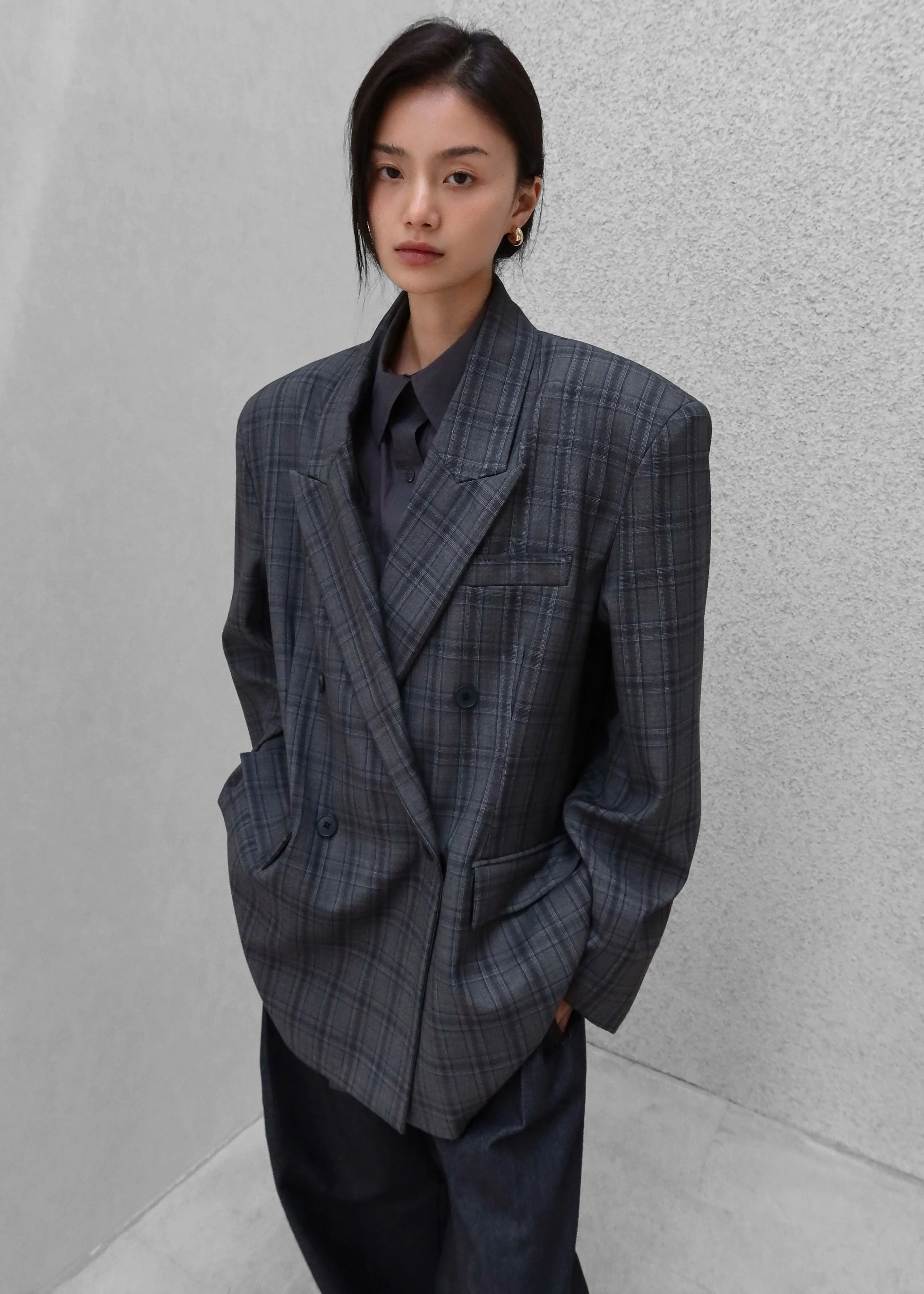 Dinant Padded Double-Breasted Blazer - Grey Plaid - Image 3
