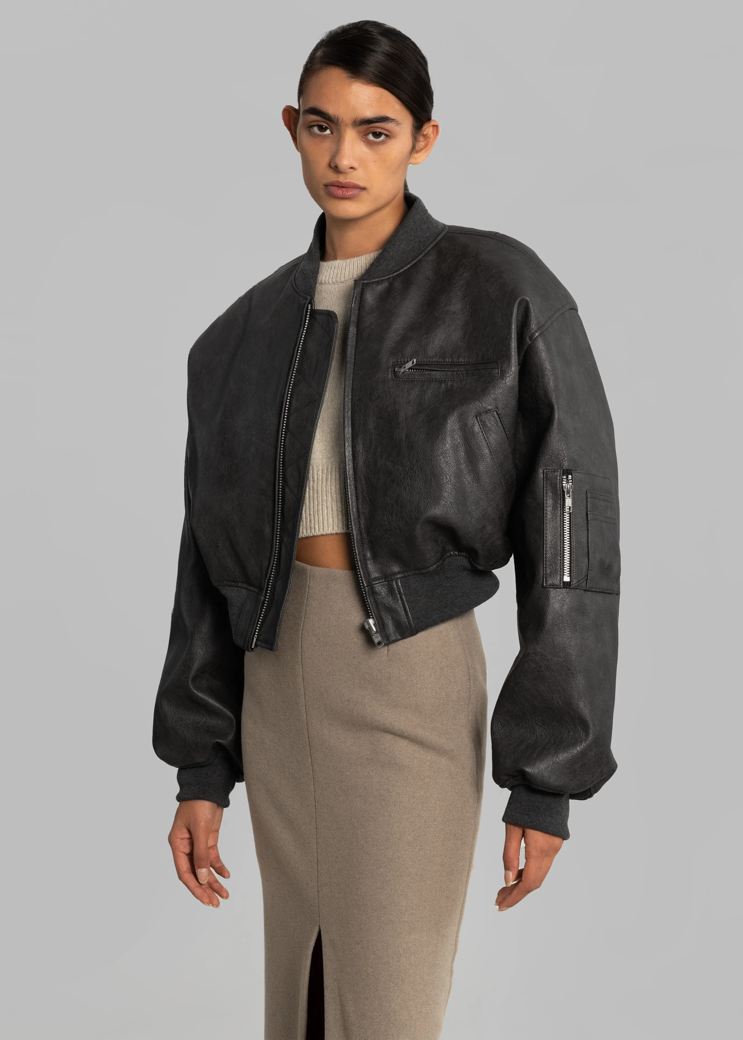 Gae Faux Leather Cropped Bomber - Charcoal - Image 11