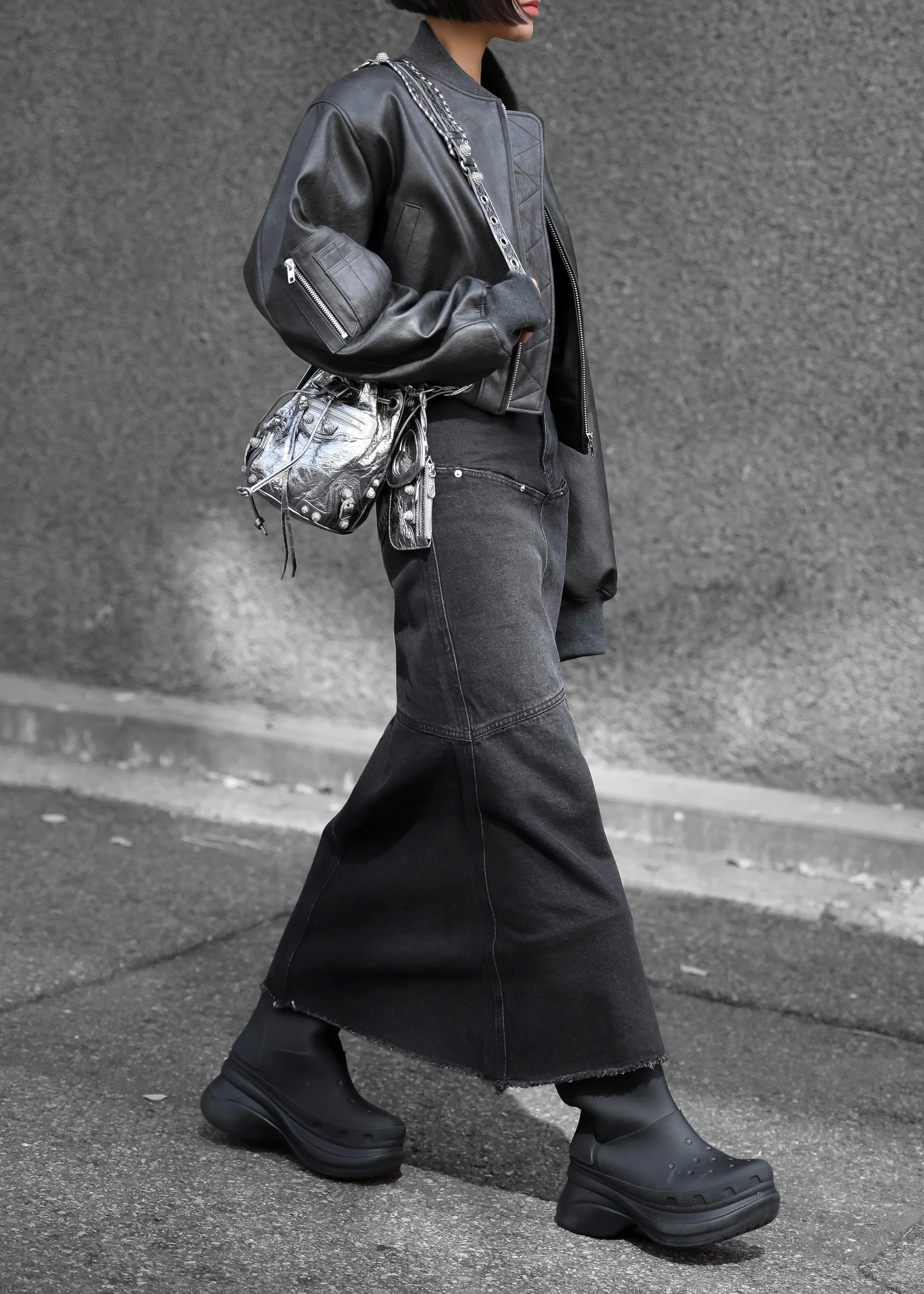 Gae Faux Leather Cropped Bomber - Charcoal - Image 3