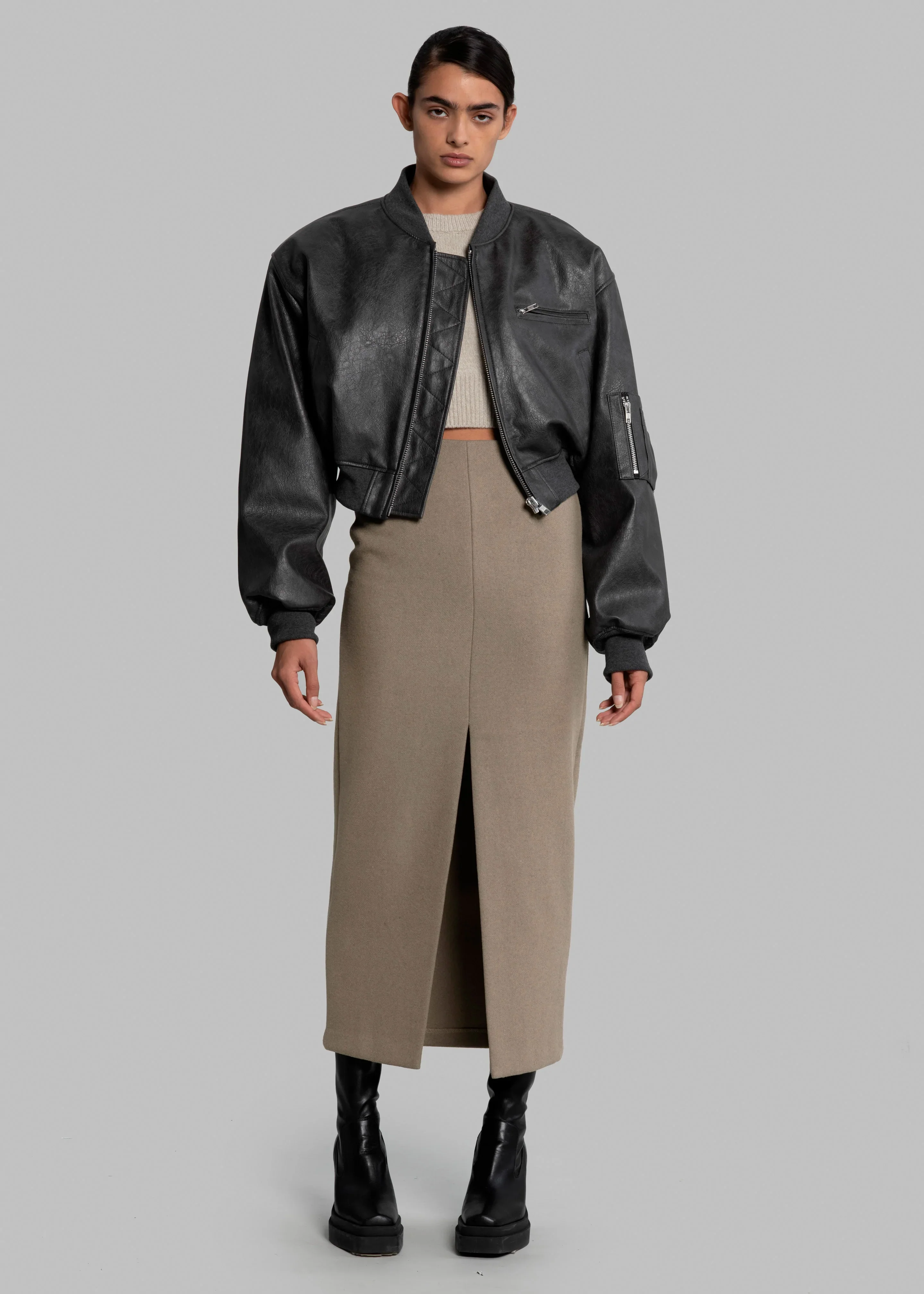 Gae Faux Leather Cropped Bomber - Charcoal - Image 4