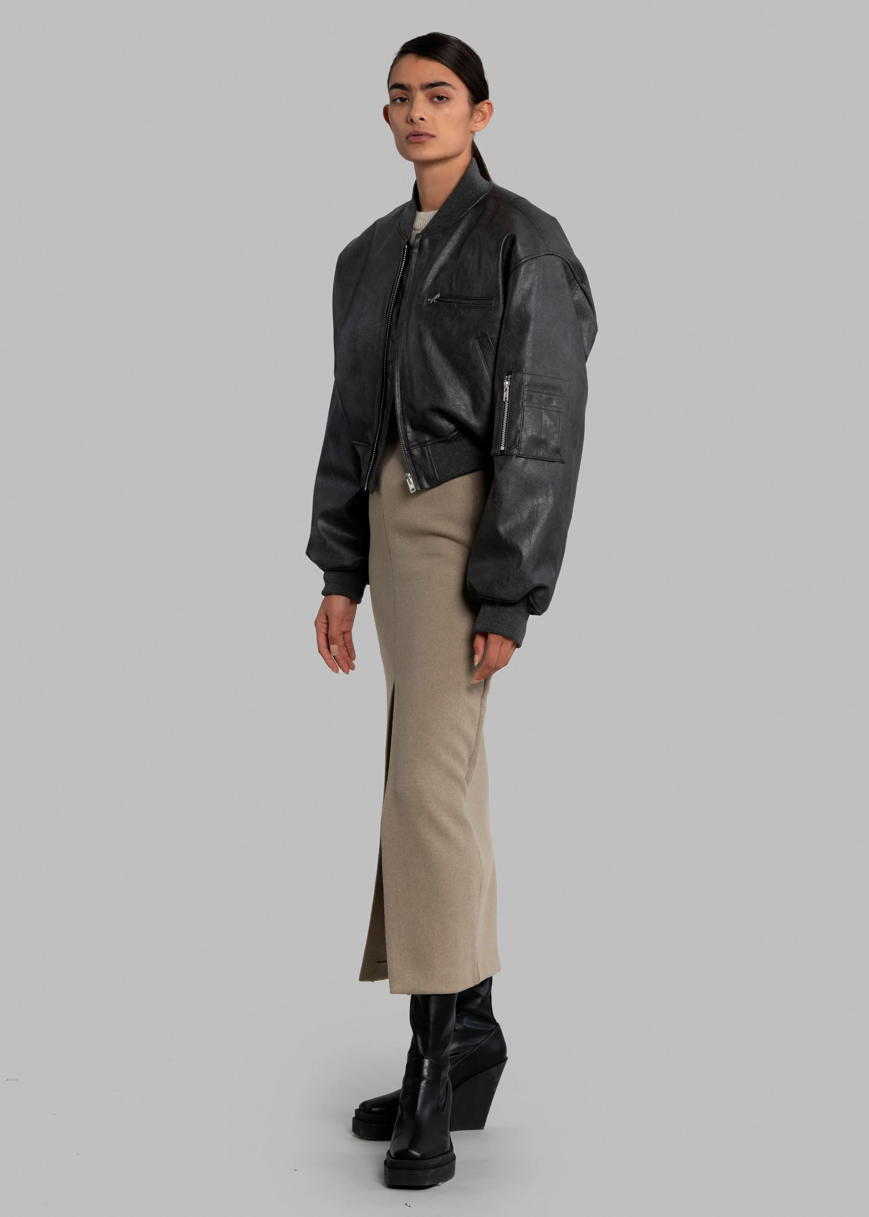 Gae Faux Leather Cropped Bomber - Charcoal - Image 6