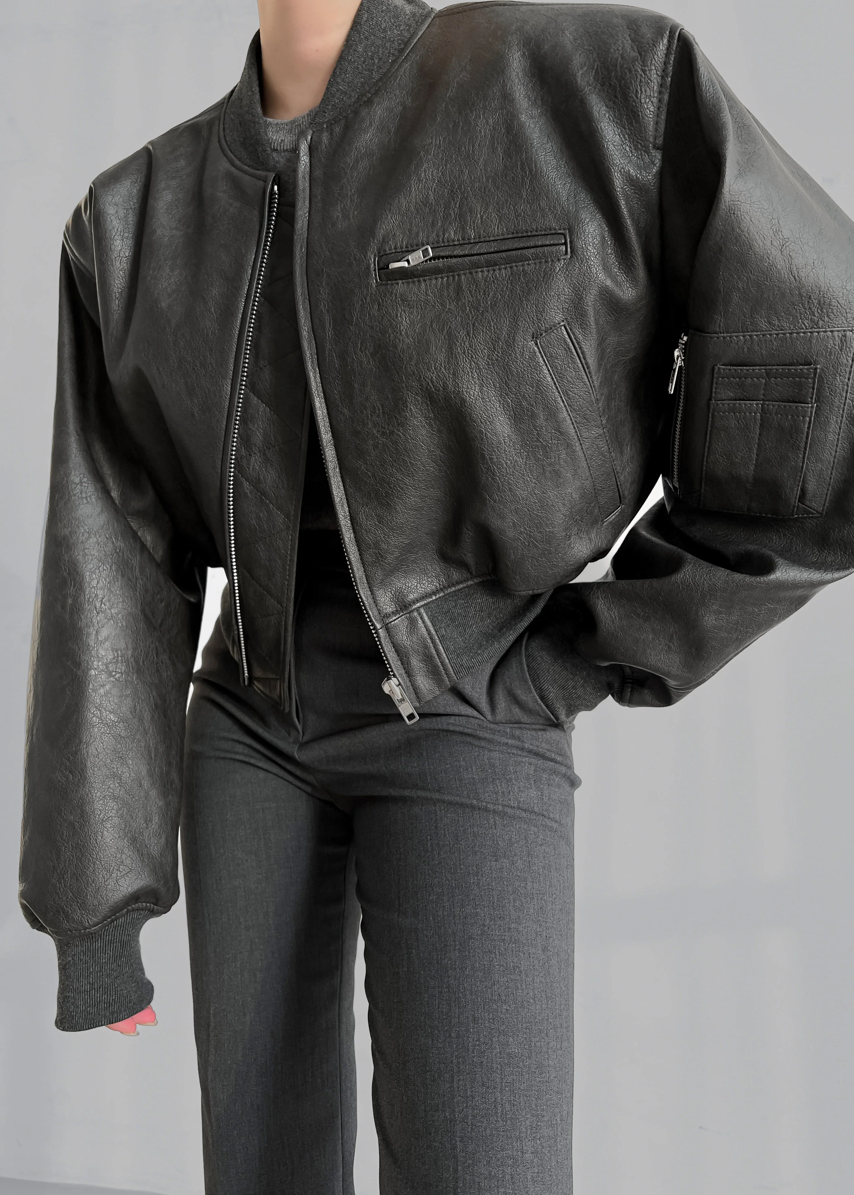 Gae Faux Leather Cropped Bomber - Charcoal - Image 7