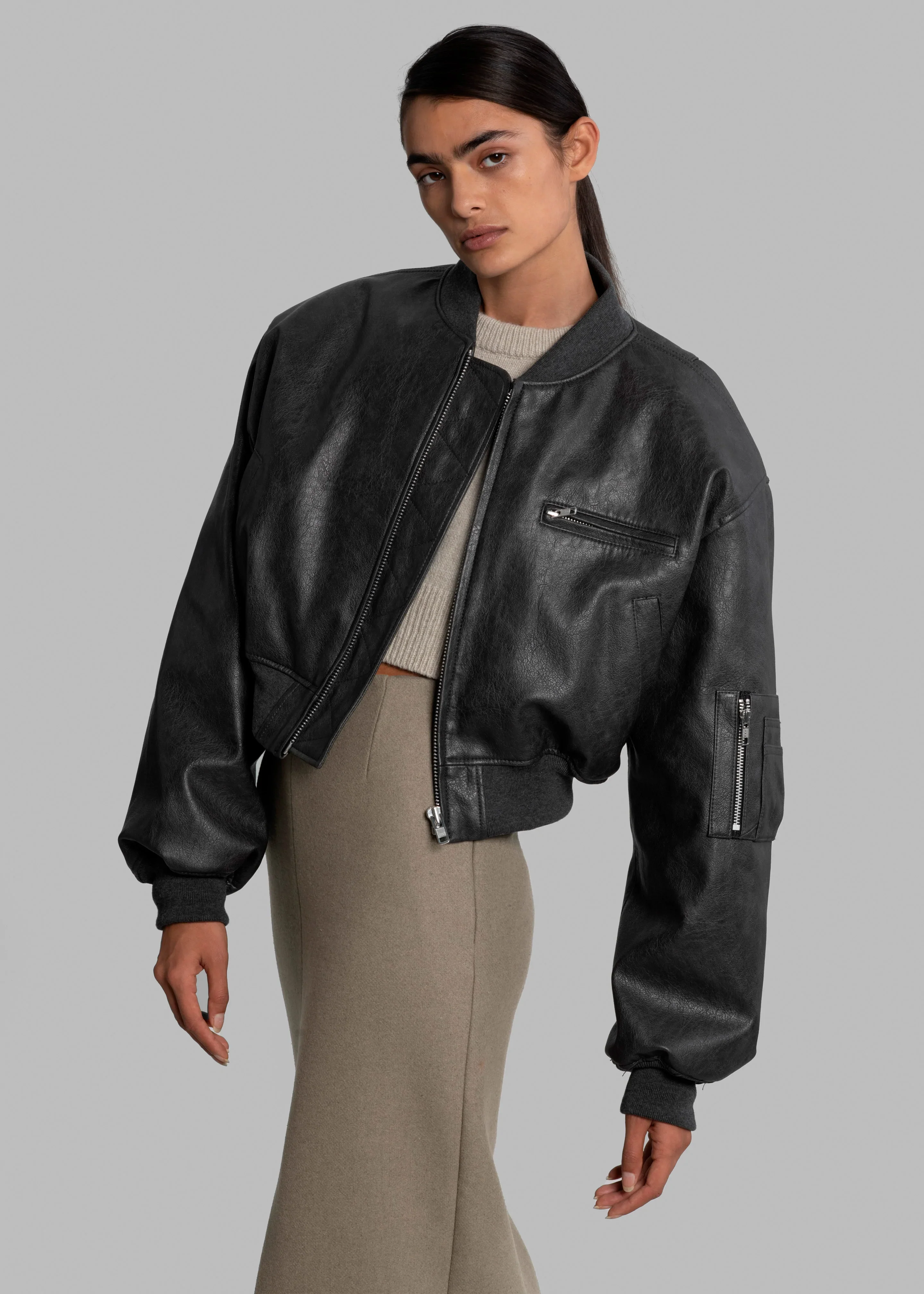 Gae Faux Leather Cropped Bomber - Charcoal - Image 8