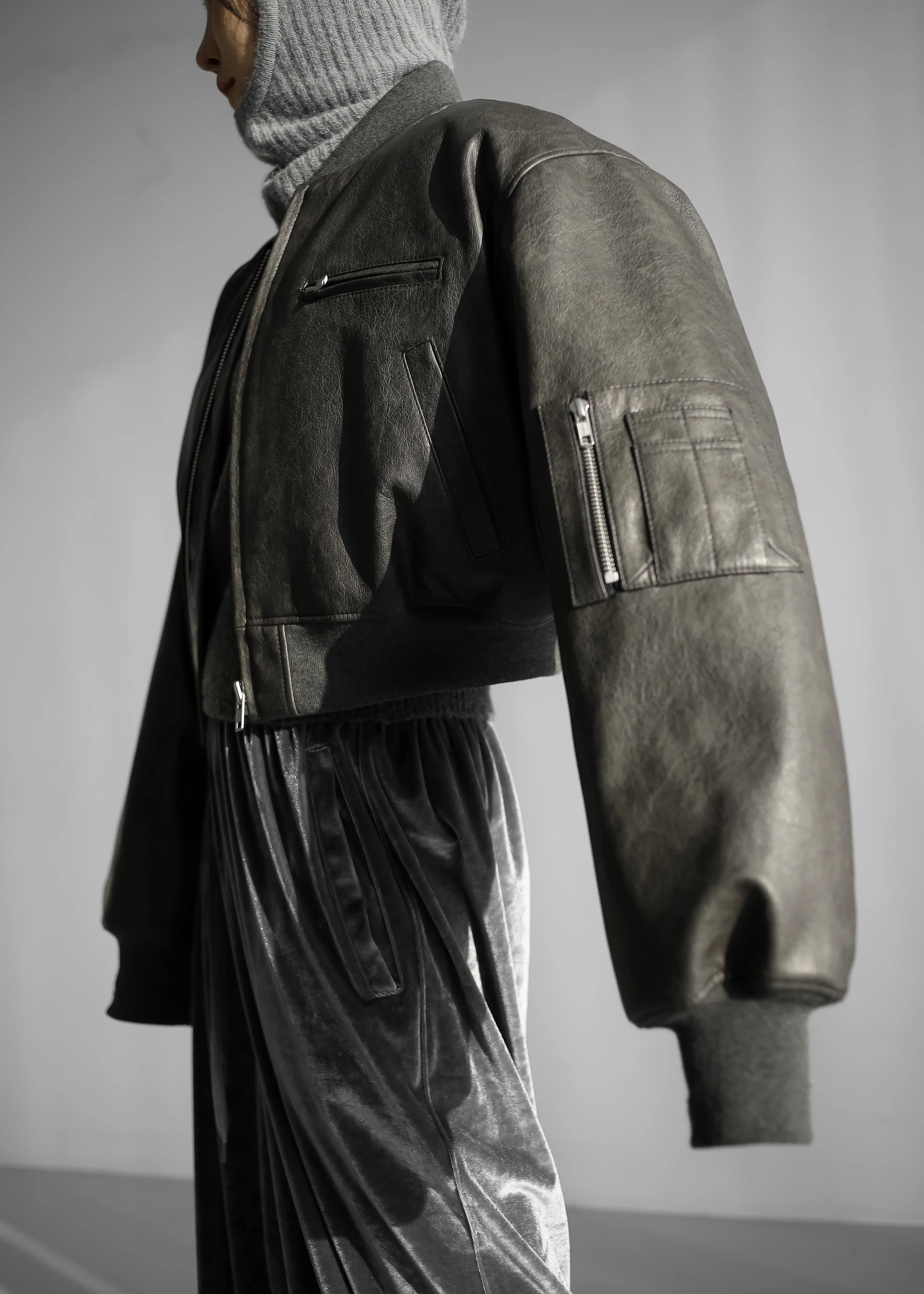 Gae Faux Leather Cropped Bomber - Charcoal - Image 9