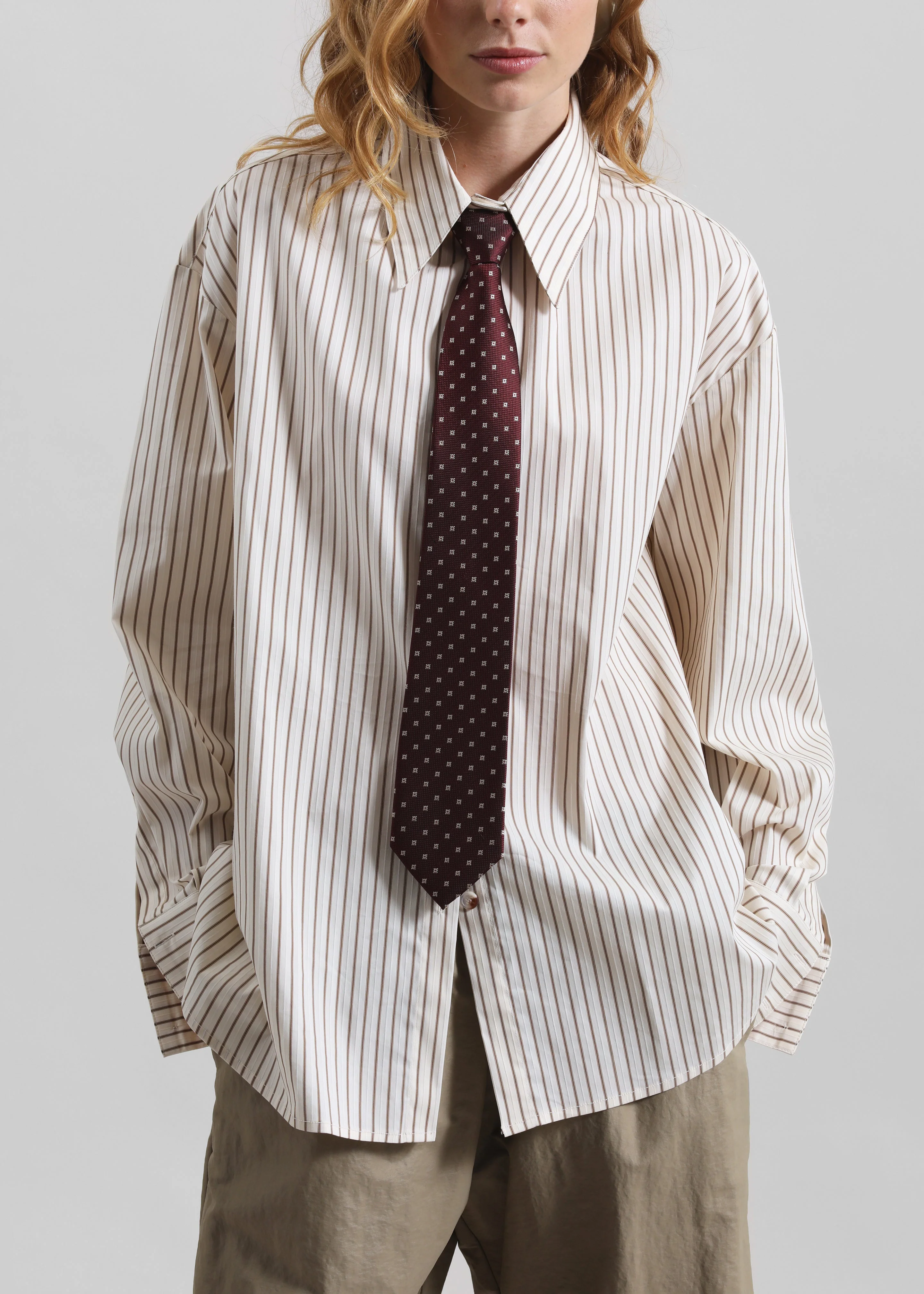 Gainsford Neck Tie Shirt - Beige/Brown Stripe - Image 4