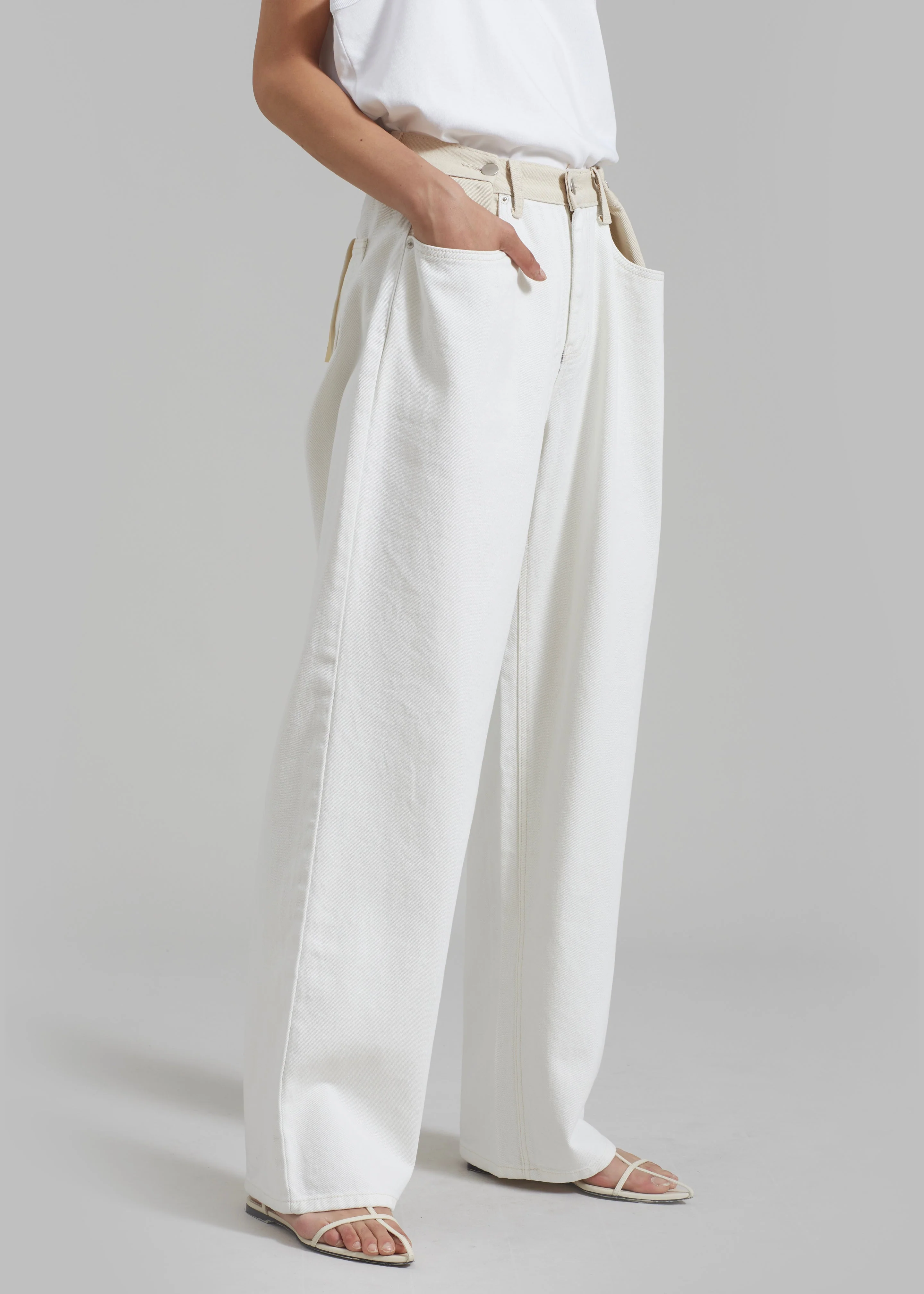 Hayla Contrast Denim Pants - Off White/Beige - Image 4