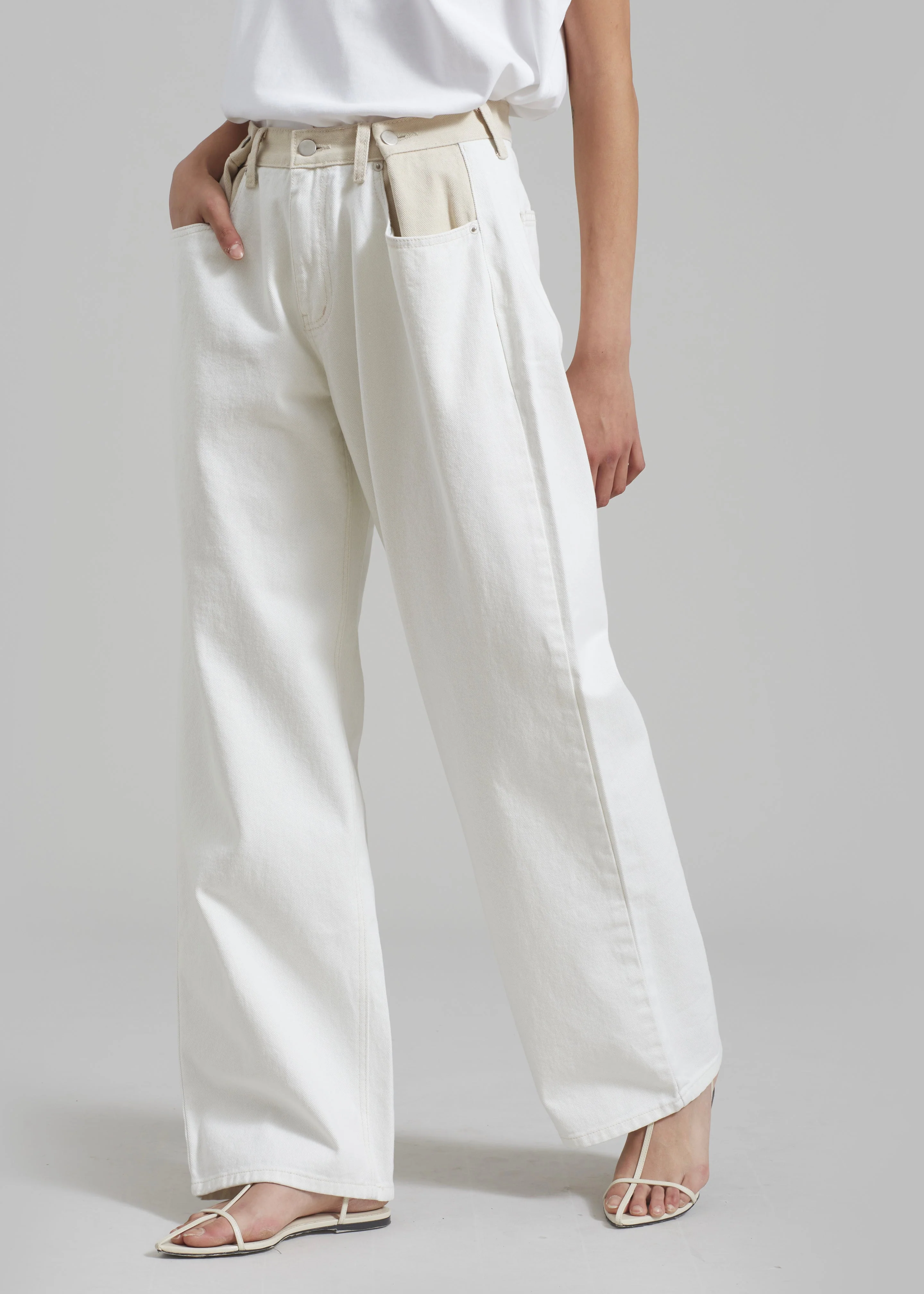 Hayla Contrast Denim Pants - Off White/Beige - Image 5