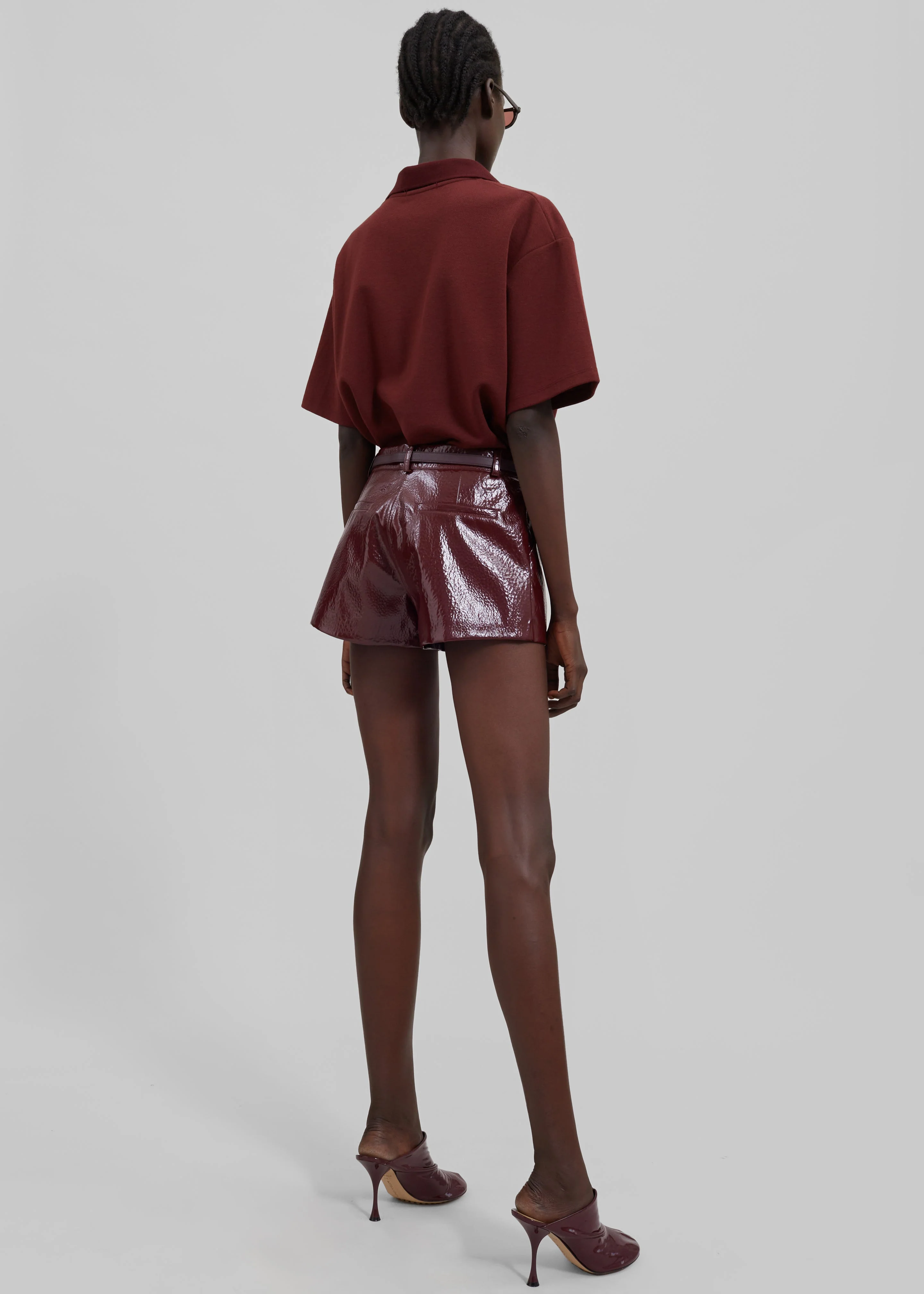 Kate Crackled Faux Leather Mini Shorts - Burgundy - Image 11