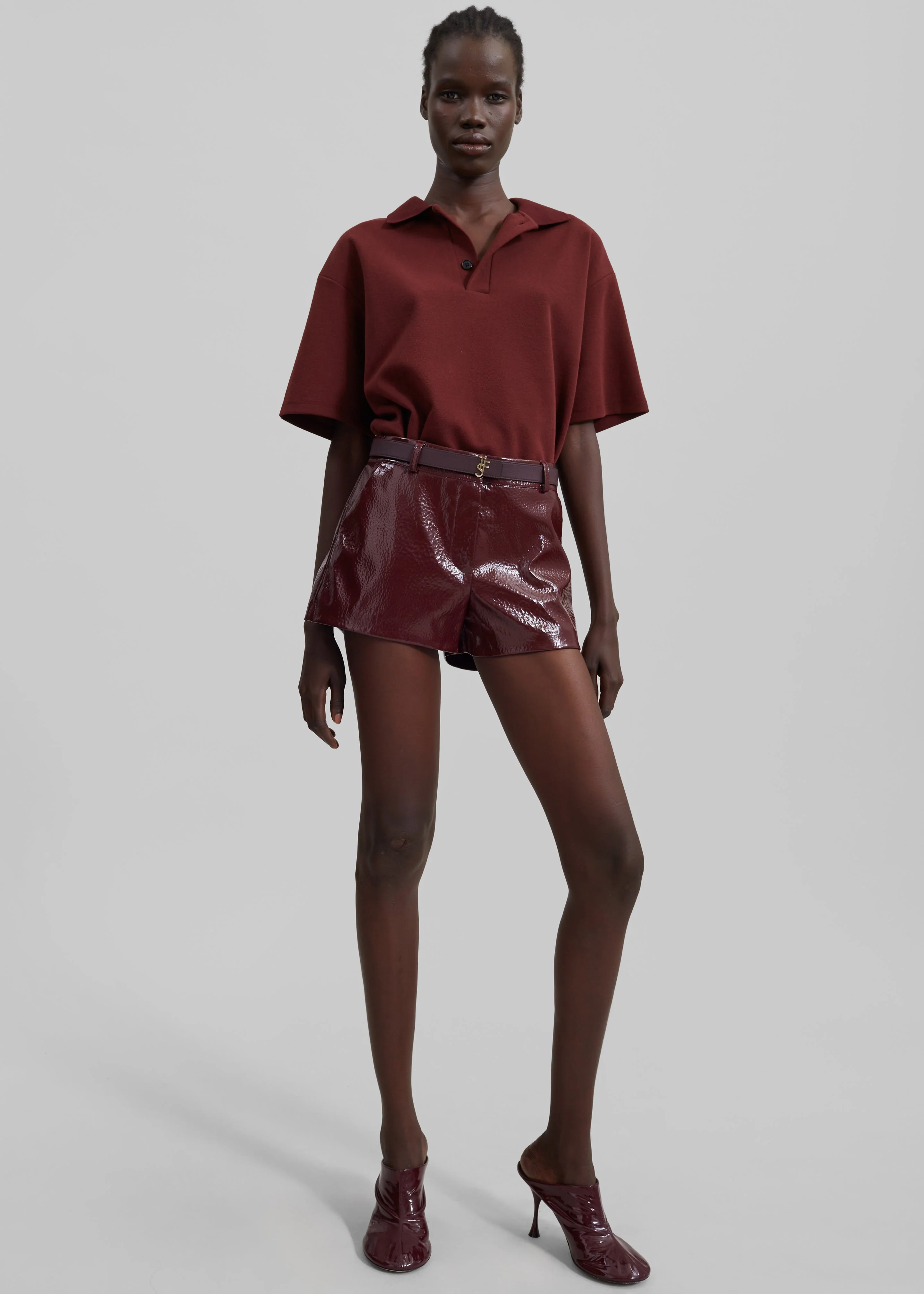 Kate Crackled Faux Leather Mini Shorts - Burgundy - Image 2