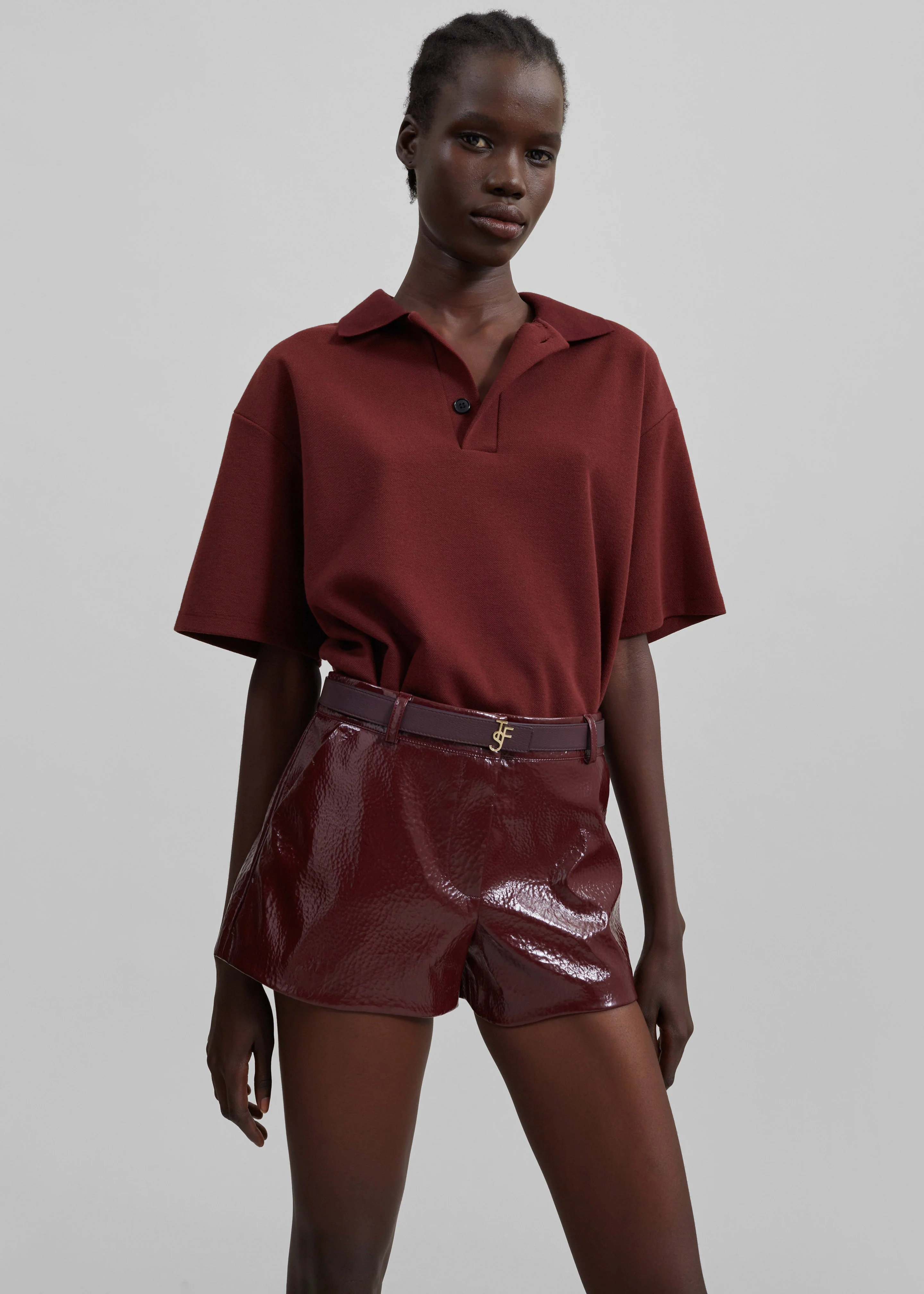 Kate Crackled Faux Leather Mini Shorts - Burgundy - Image 6