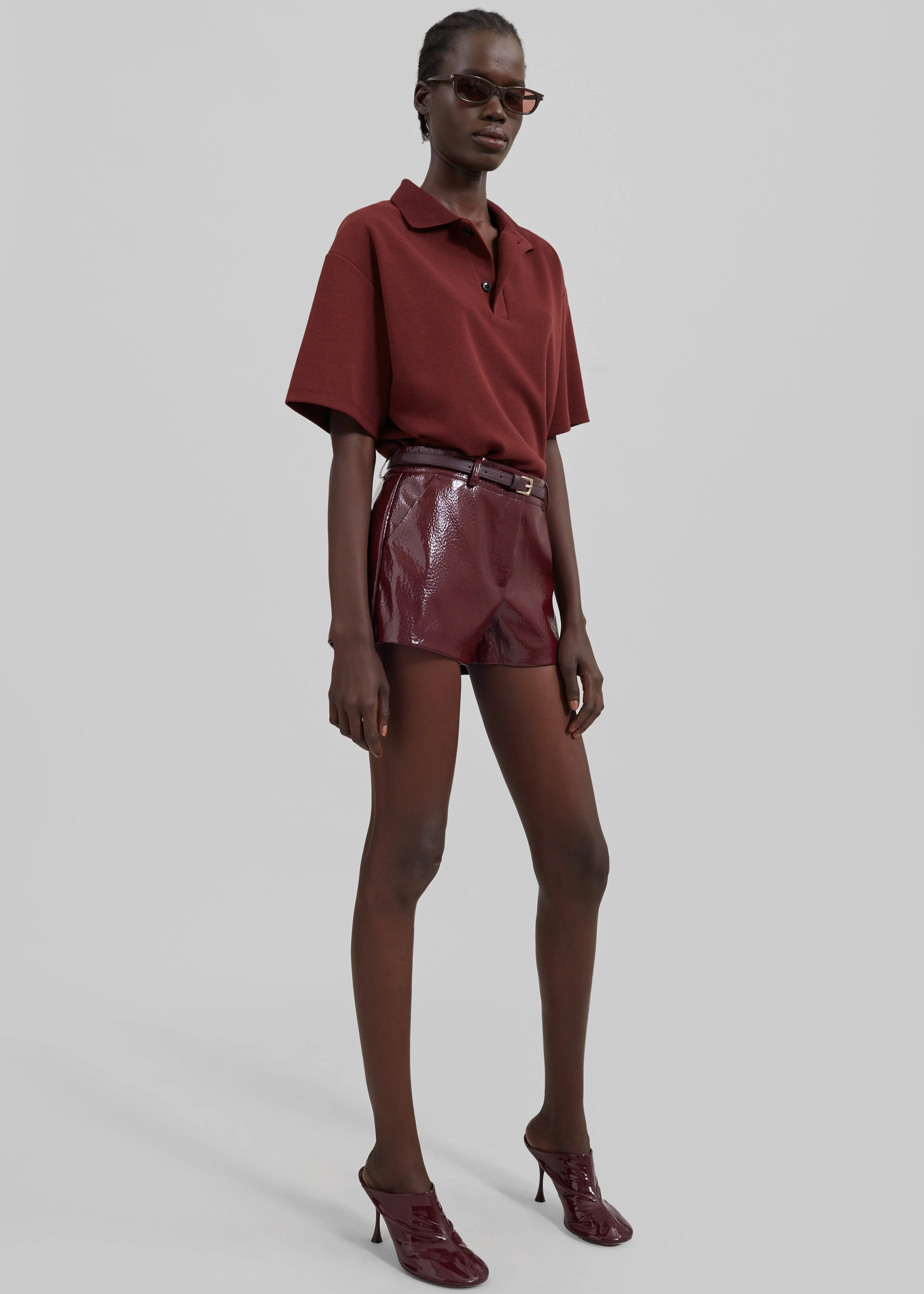 Kate Crackled Faux Leather Mini Shorts - Burgundy - Image 7