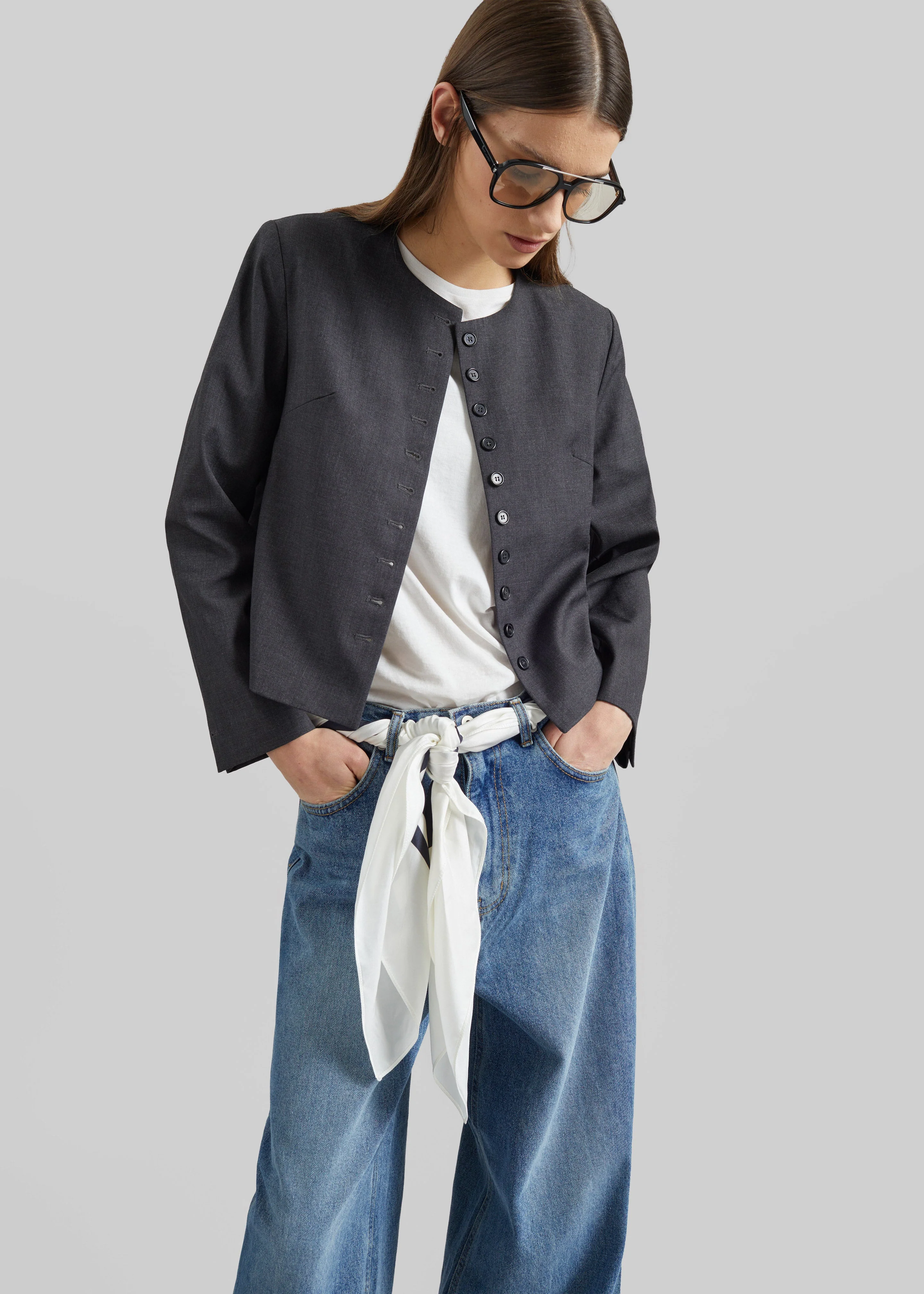 Katya Button-Up Boxy Top - Dark Grey Melange - Image 10