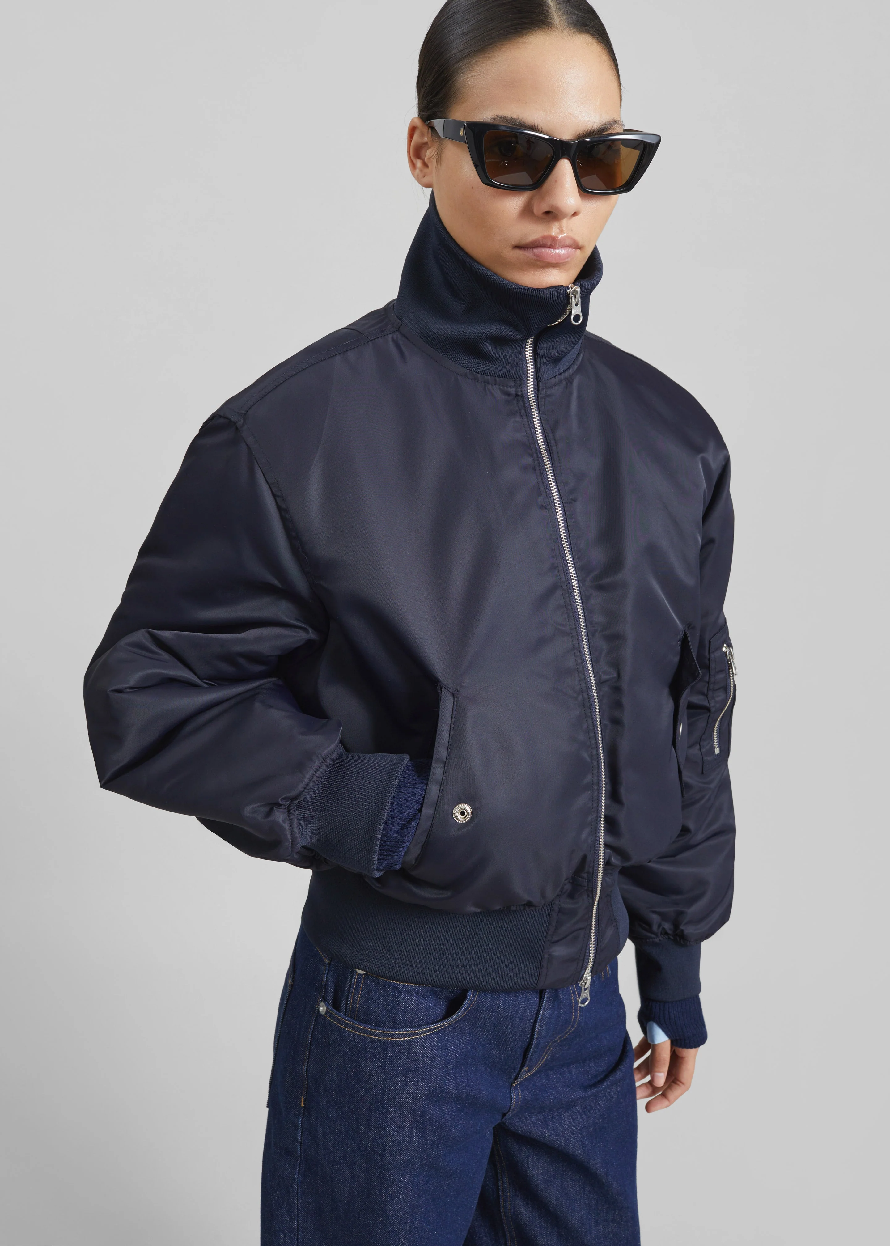 Maloy Cropped Bomber Jacket - Navy - Image 2