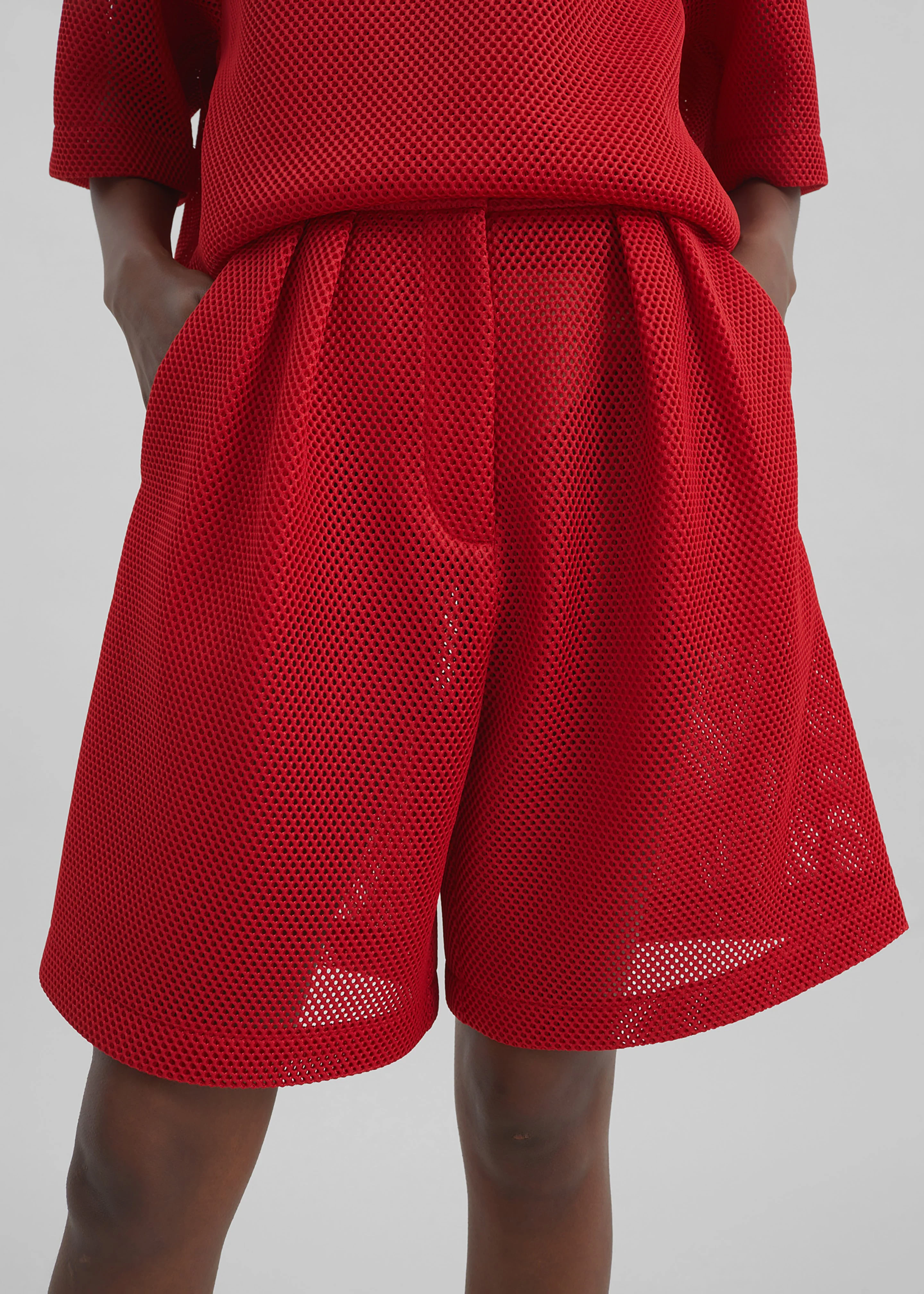 Marfa Mesh Pleated Bermuda Shorts - Red - Image 3