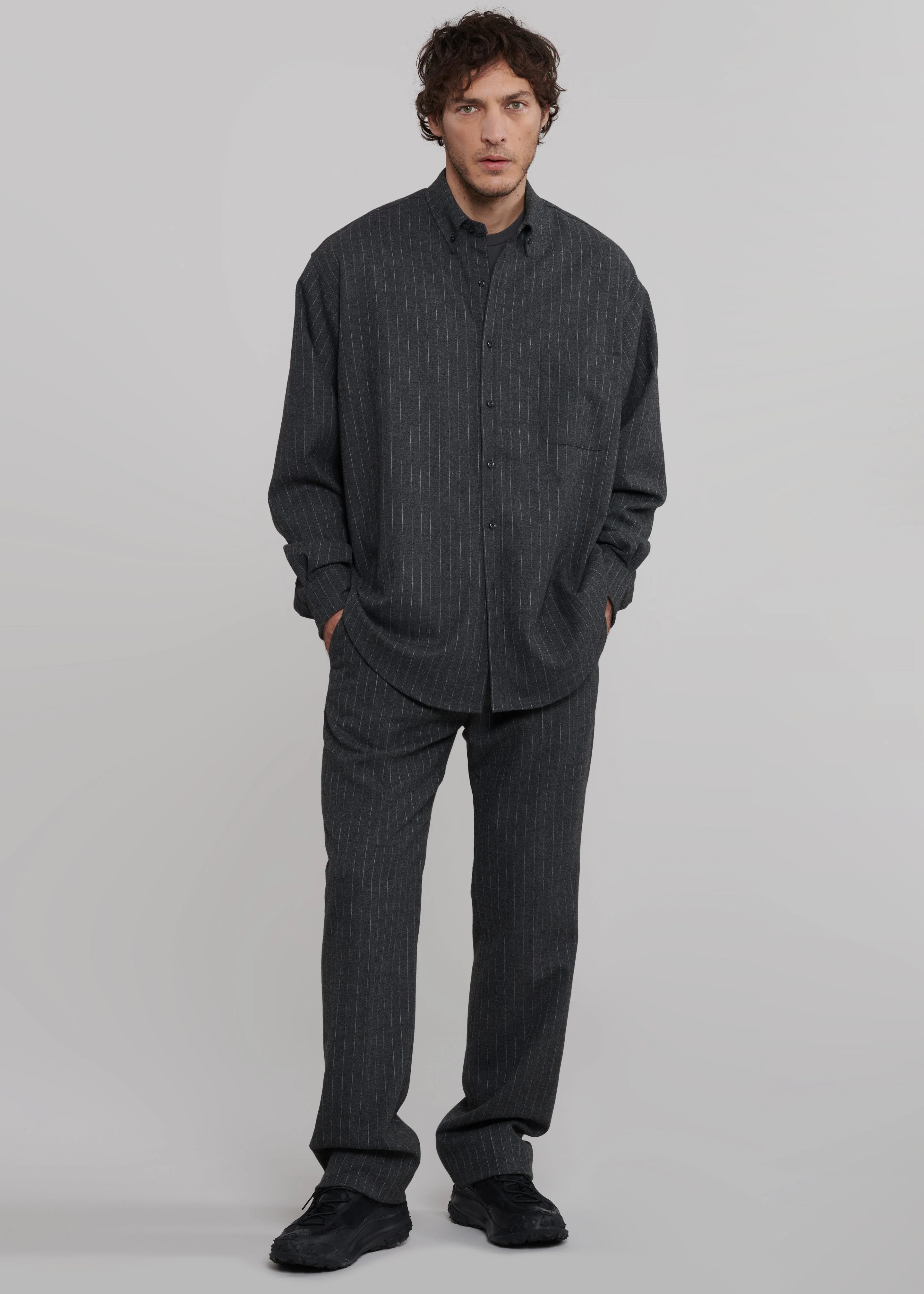 Mason Wool Button Up Shirt - Dark Grey/White Pinstripe - Image 4