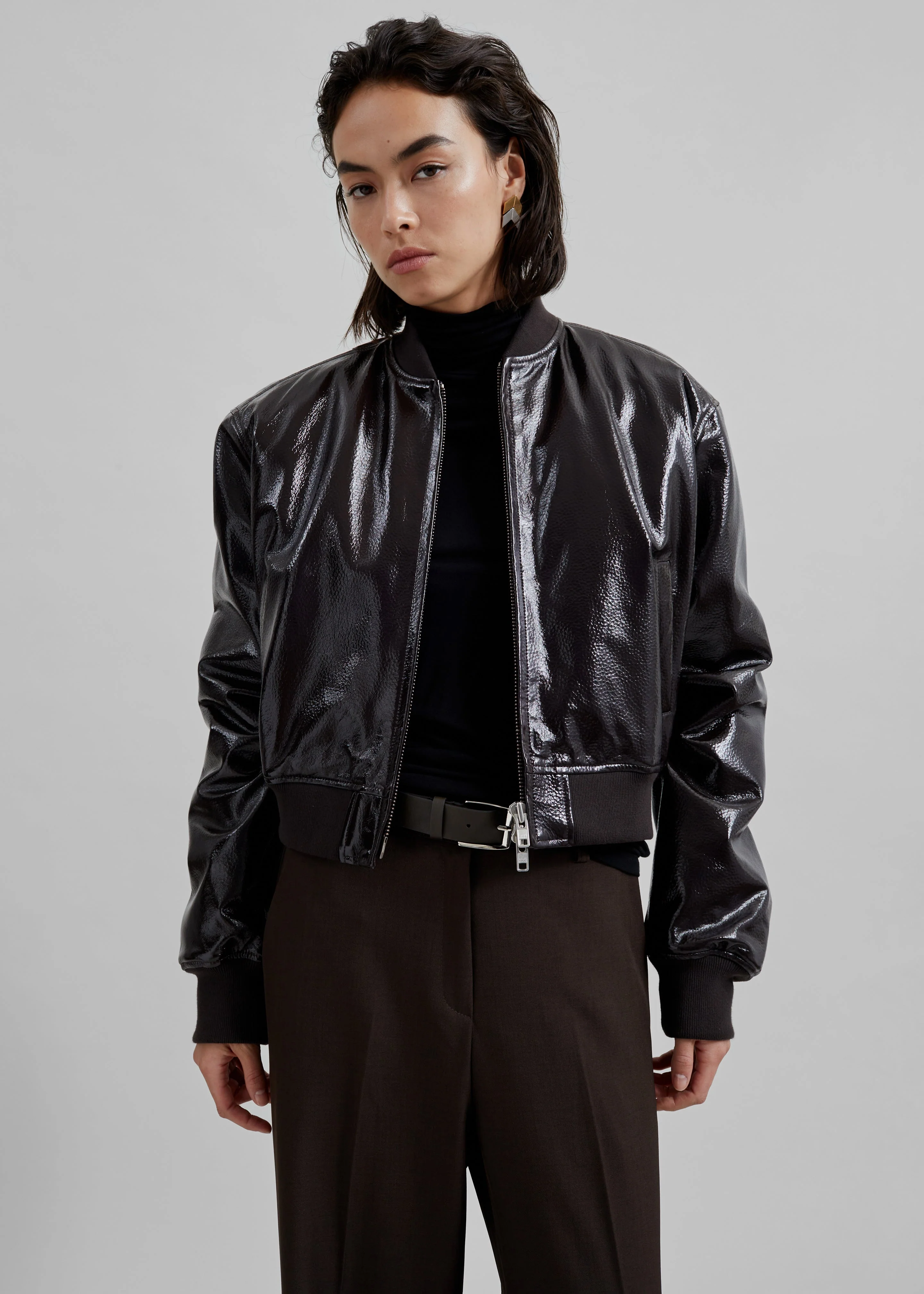 Micky Crackled Faux Leather Cropped Bomber - Dark Brown - Image 3