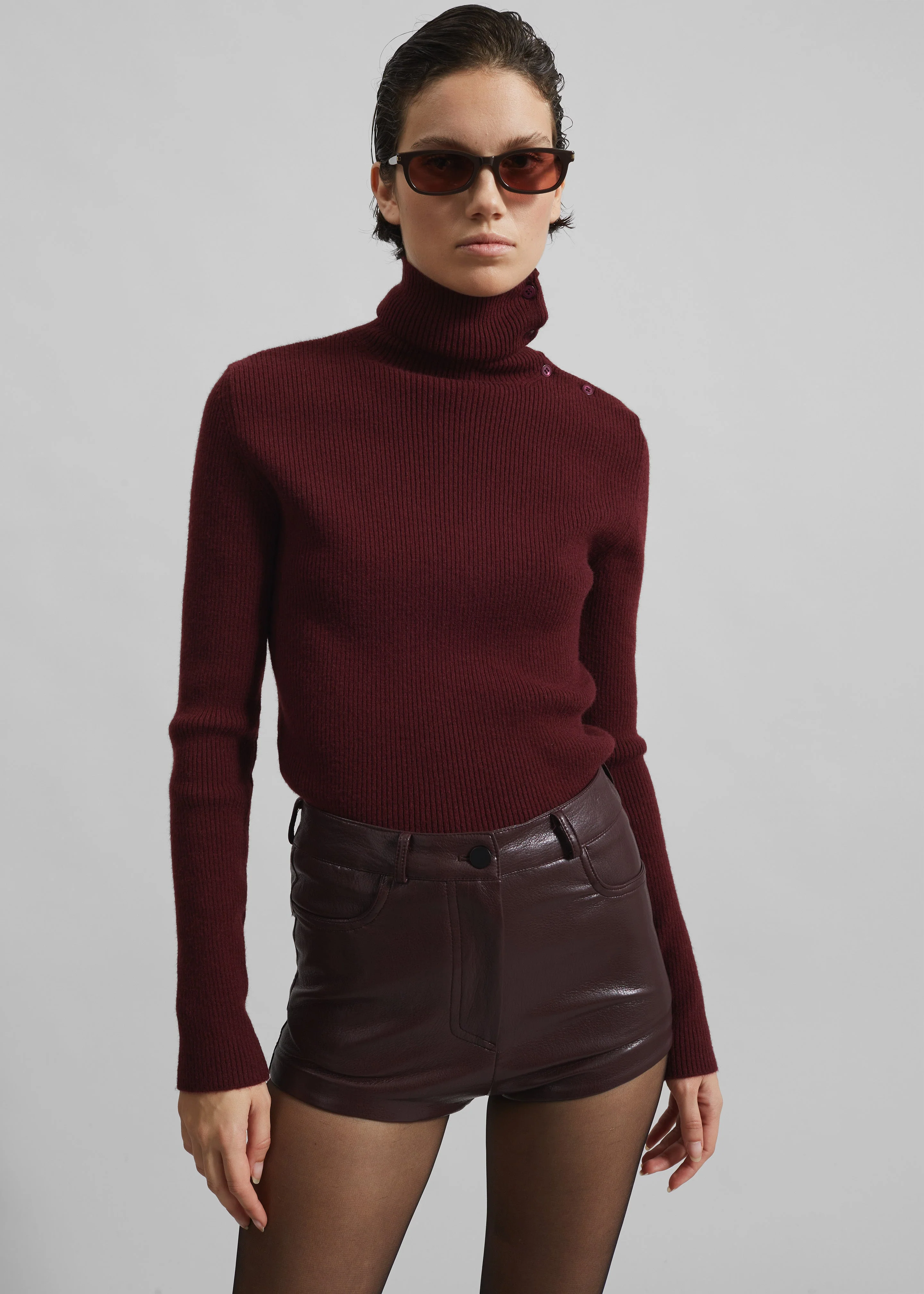 Nevis Faux Leather Hot Pants - Burgundy - Image 9