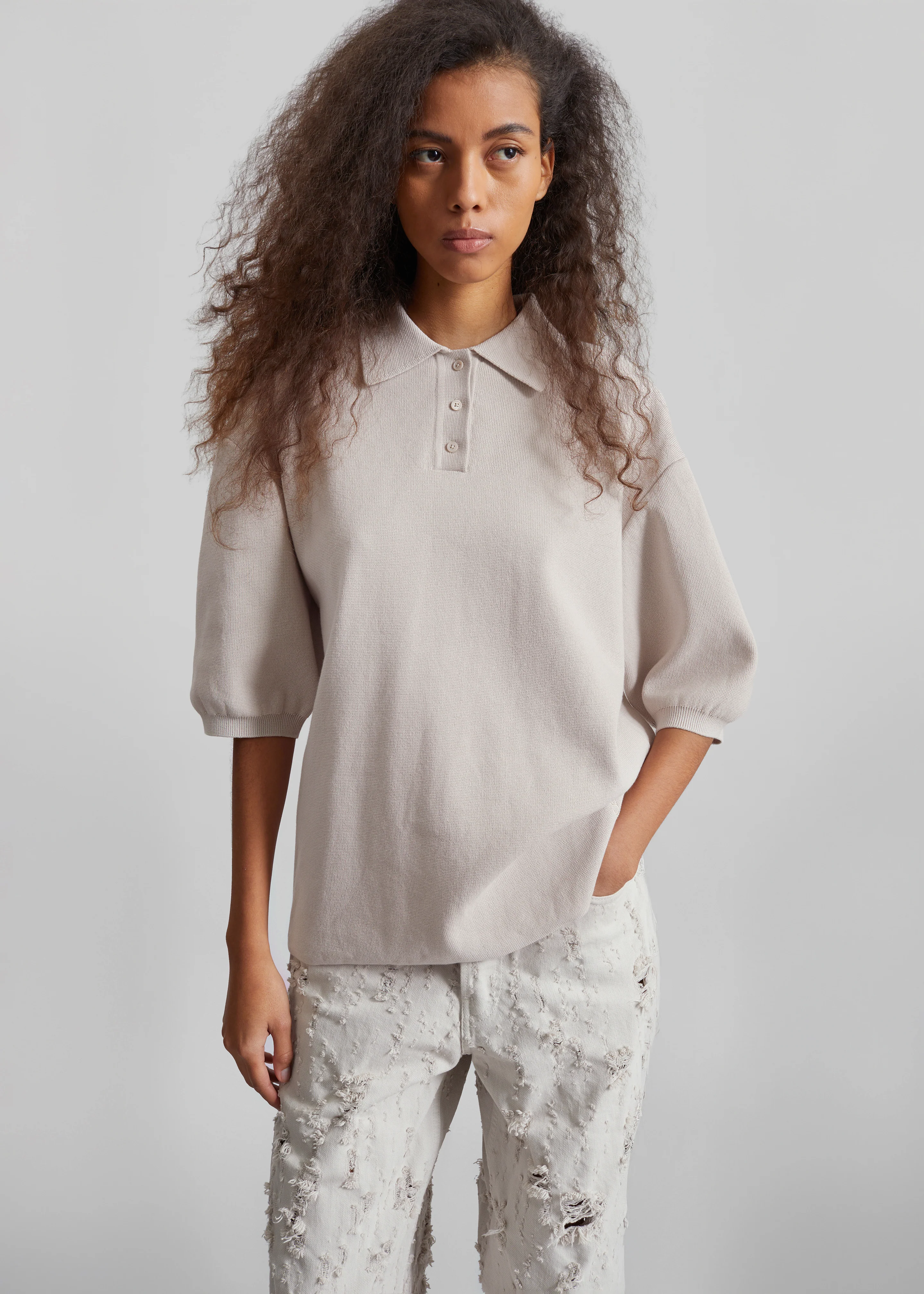 Nola Knit Polo Top - Slate Grey