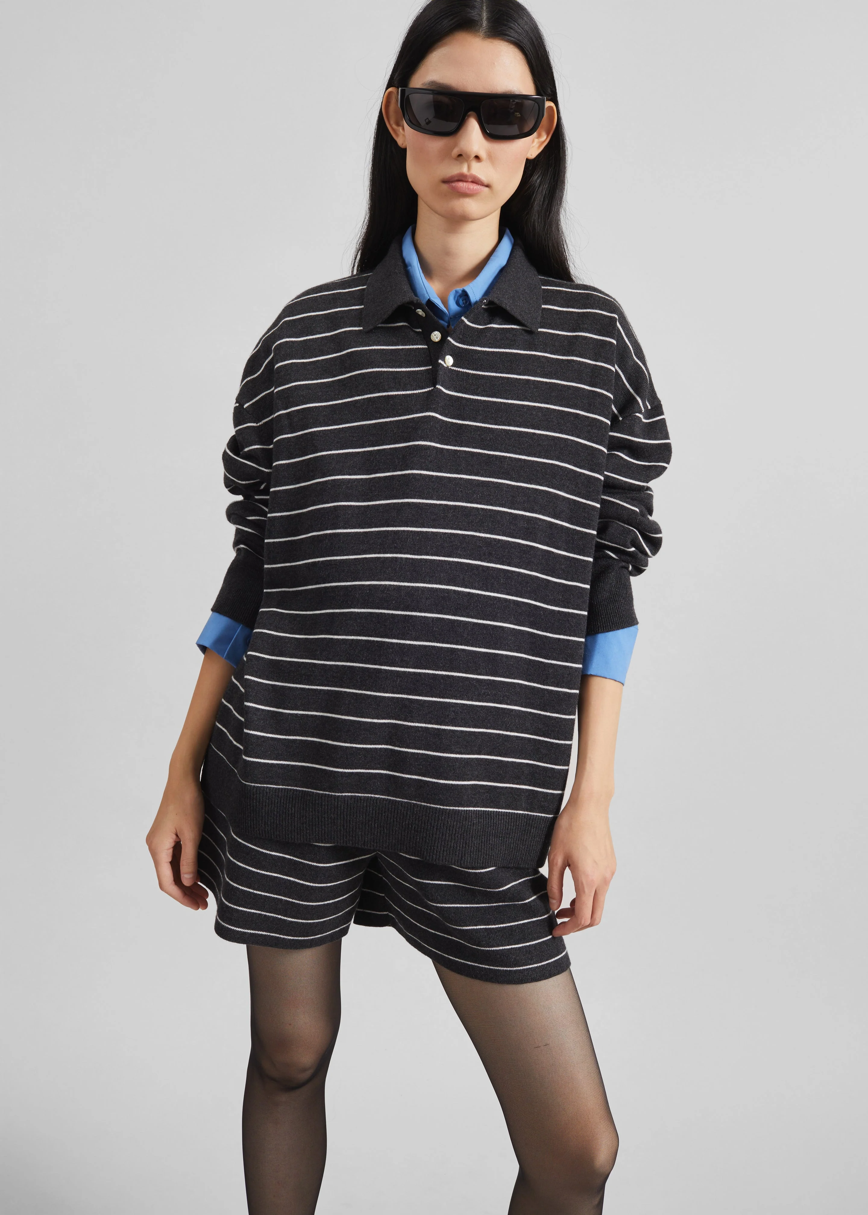 Nolma Knit Polo Sweater - Grey/White Stripe - Image 2